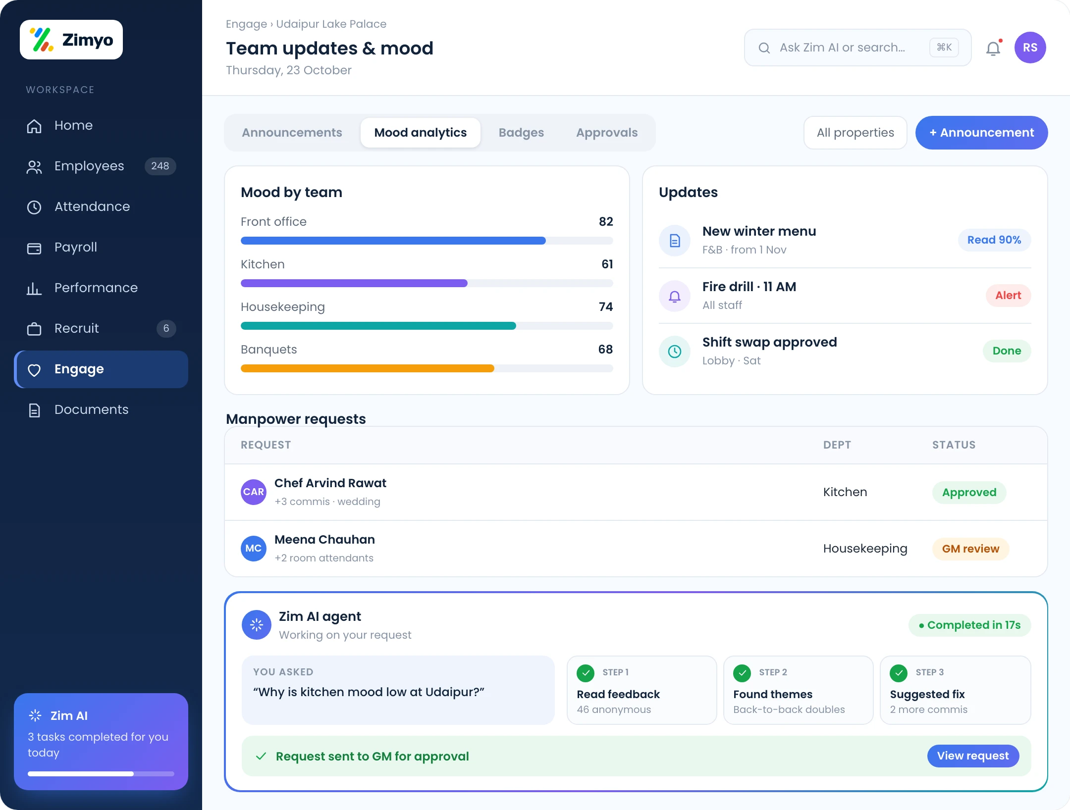 Hospitality engagement: menu and SOP updates, mood analytics by outlet, recognition badges and approvals