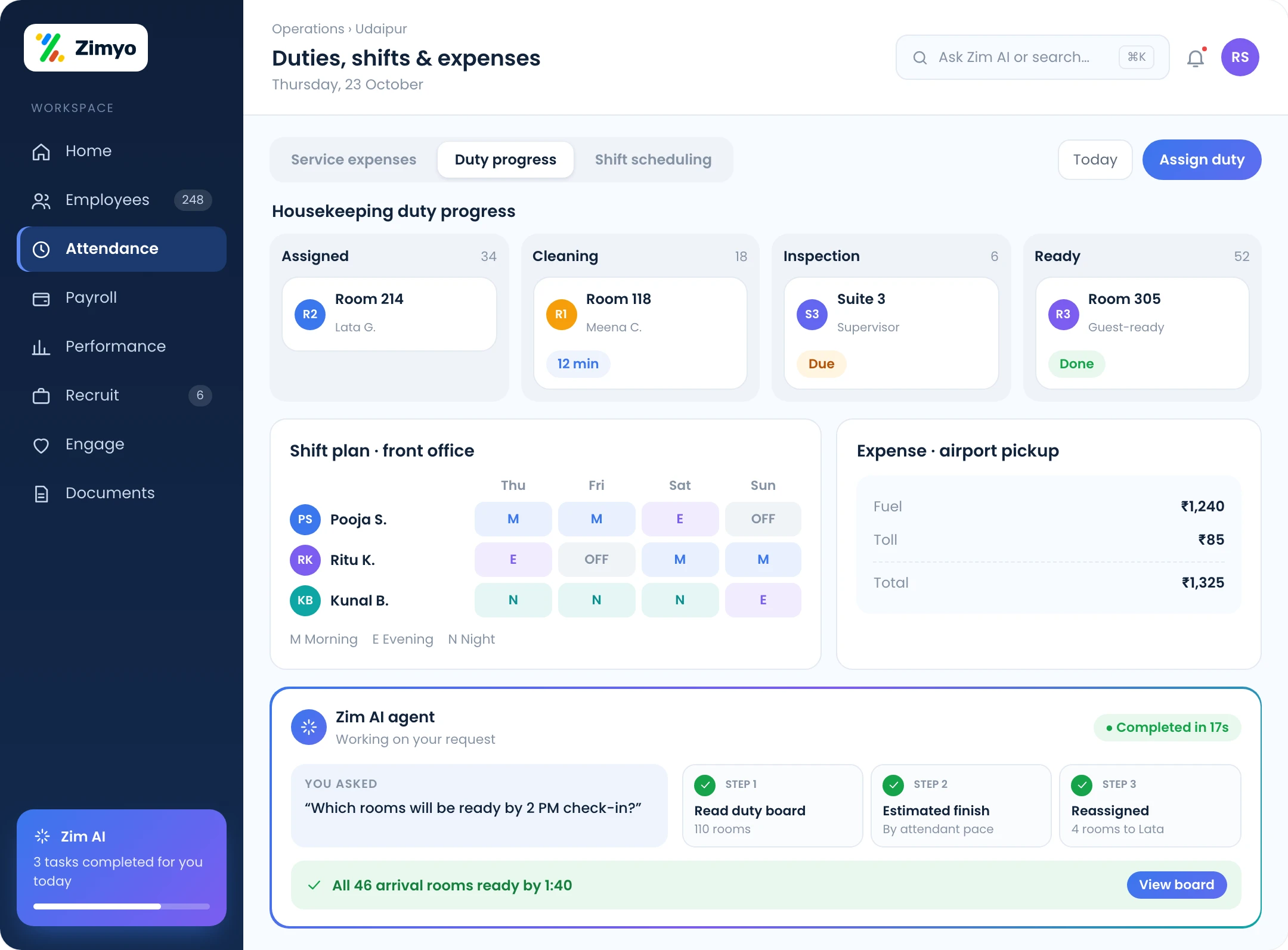 Hospitality expense claims, duty progress tracking and weekly shift scheduling across properties