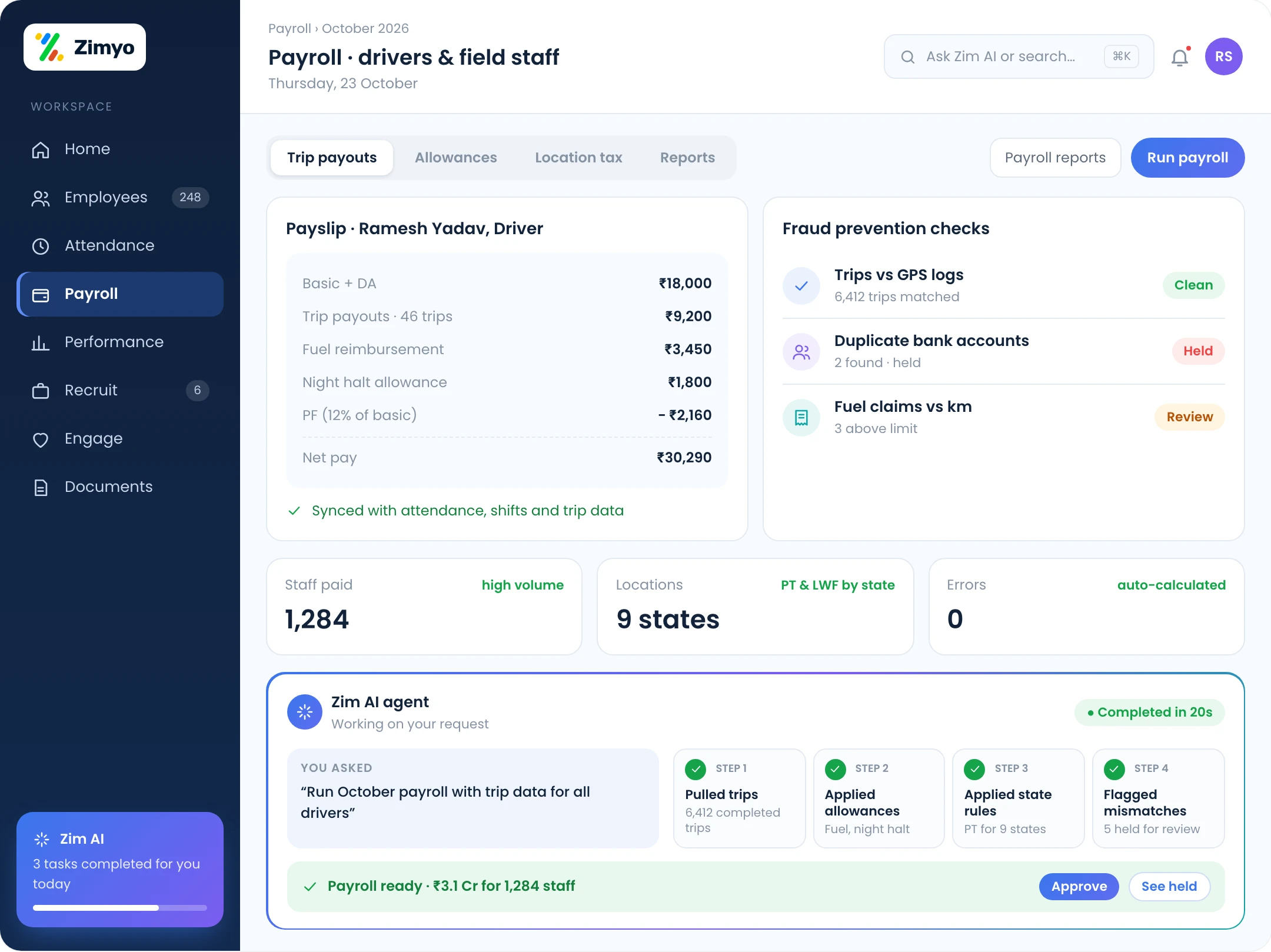 Driver payslip with trip-based payouts, fuel reimbursement and logistics allowances, plus payroll fraud checks
