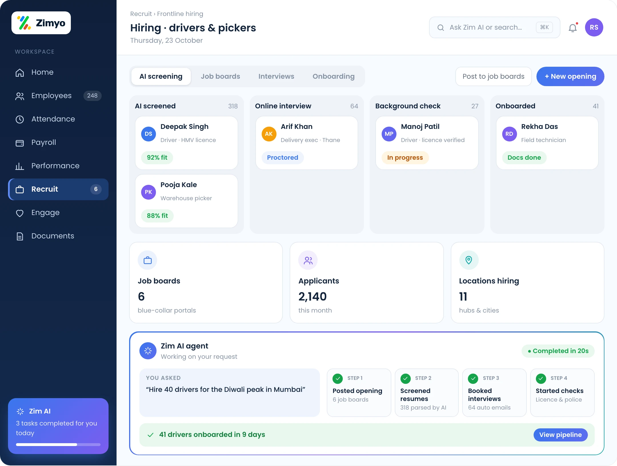 High-volume hiring board for drivers, delivery executives and warehouse pickers with AI screening and background checks