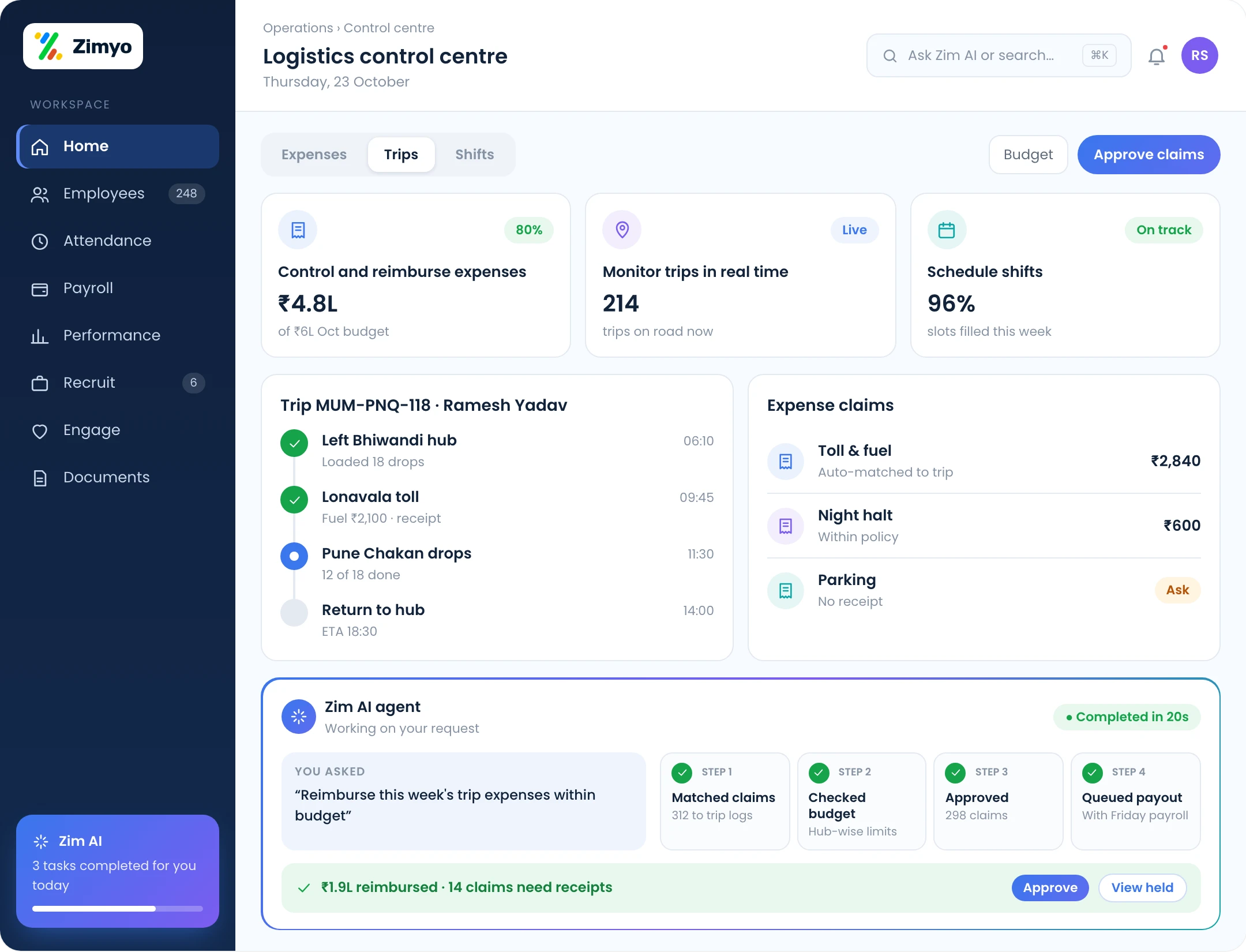 Logistics control screen with expense reimbursement, real-time trip monitoring and shift scheduling