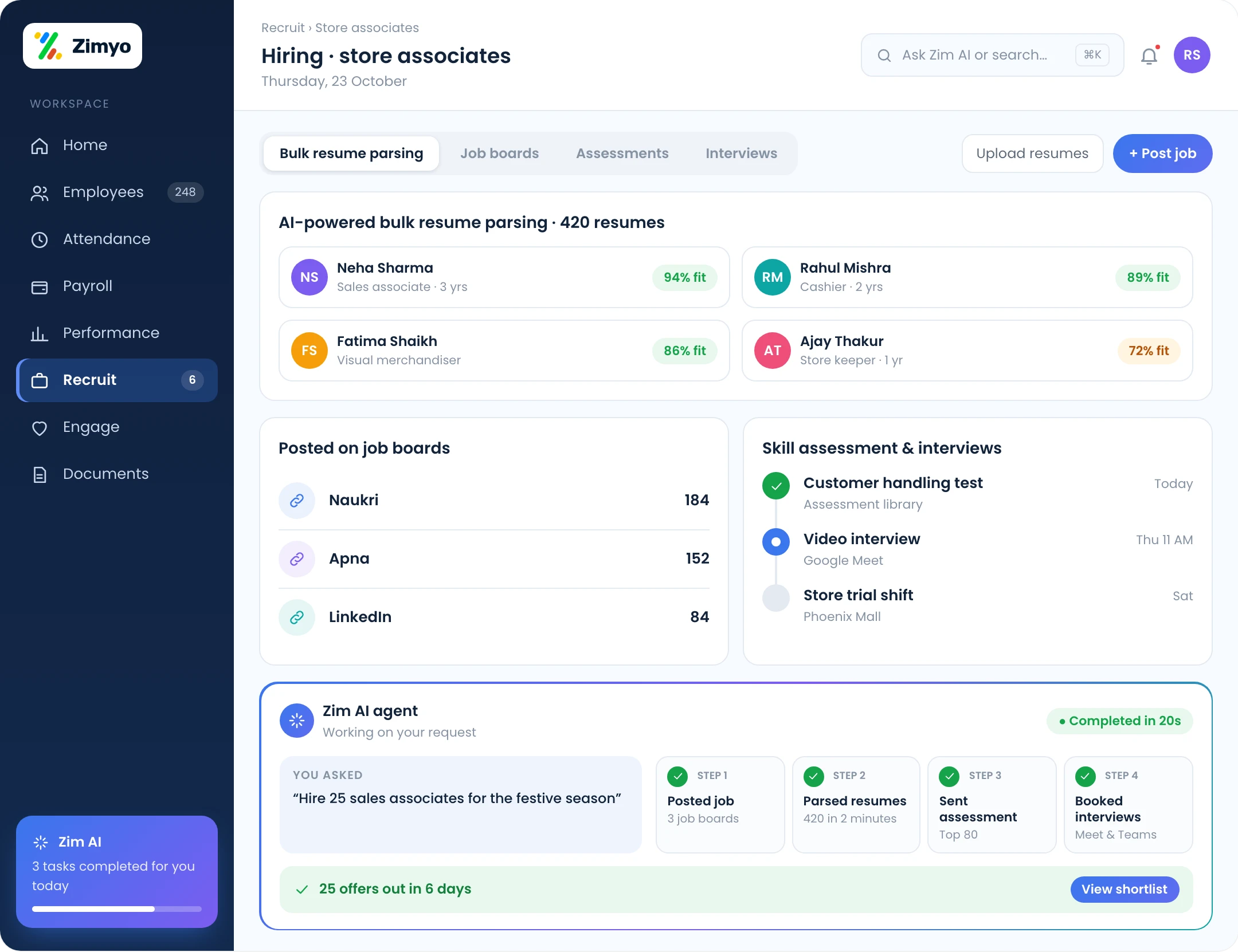 Retail hiring screen with AI bulk resume parsing, multi job board posting, skill assessments and interview scheduling