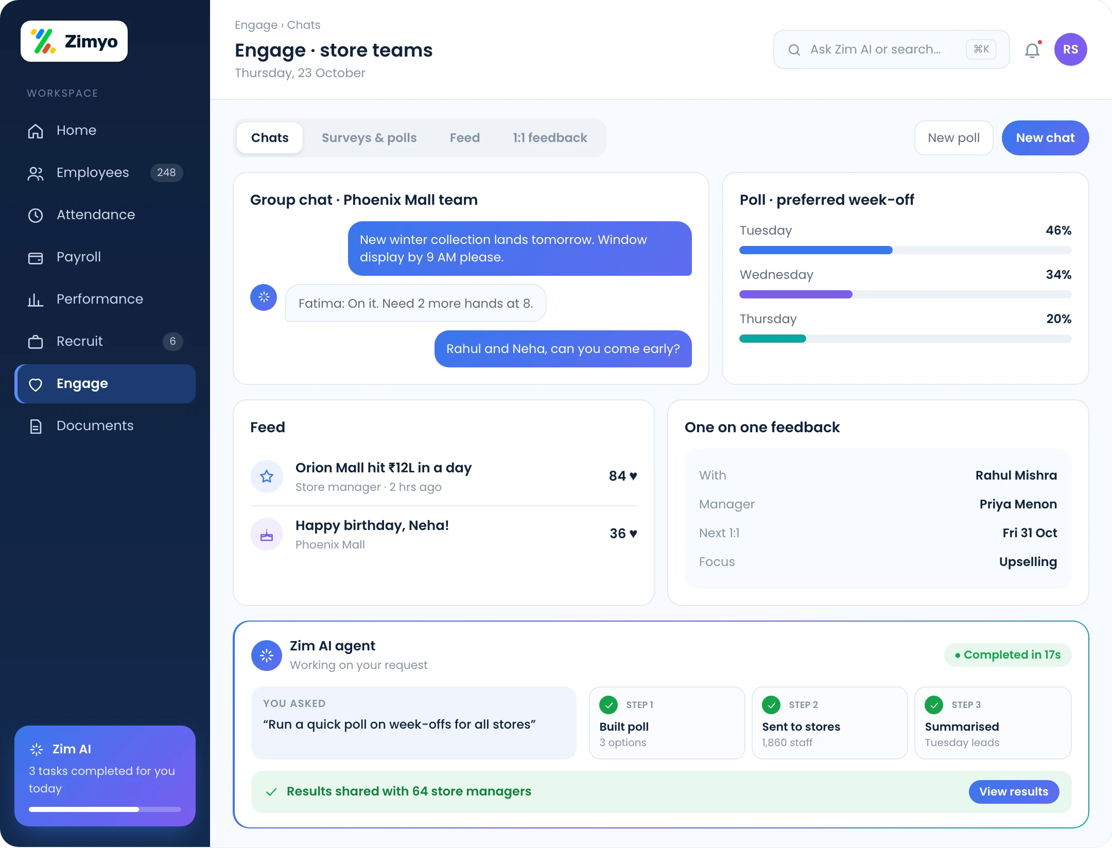 Engage screen with store group chat, a customizable poll, social feed and one on one feedback