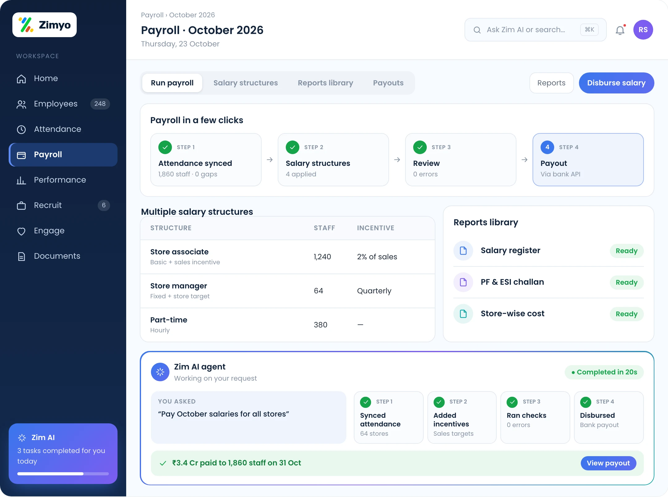 Retail payroll linked to attendance with multiple salary structures, a unified reports library and salary payout