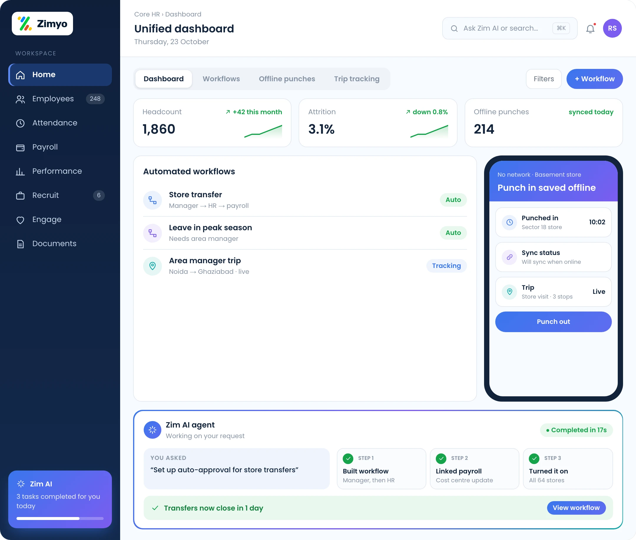 Core HR for retail with automated workflows, a unified dashboard, offline punch-in on mobile and real time trip tracking