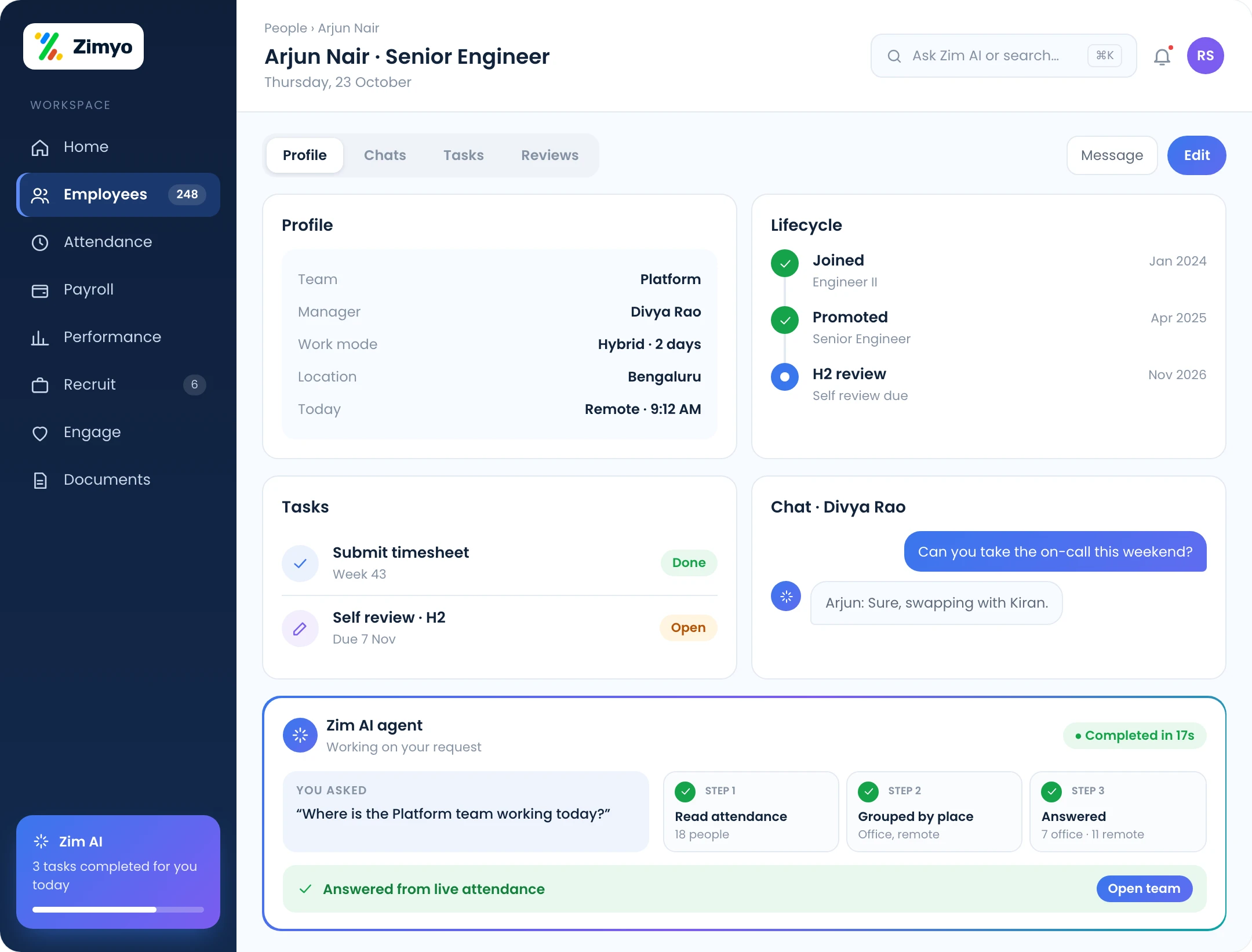 Employee lifecycle view with profile, attendance across locations, chats, tasks and review in one app