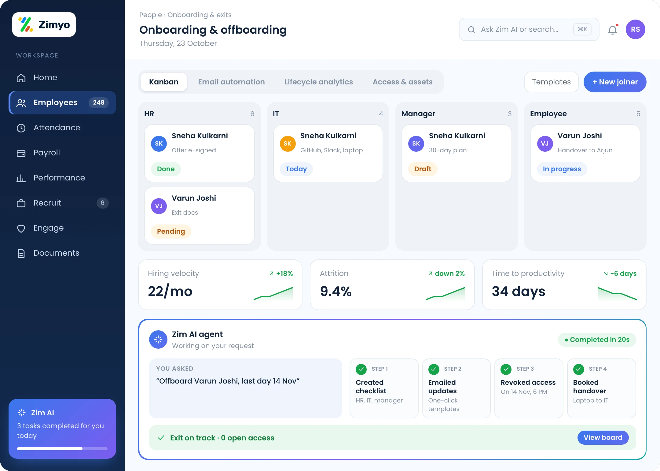 Kanban board of onboarding and offboarding tasks across HR, IT, managers and employees with lifecycle analytics