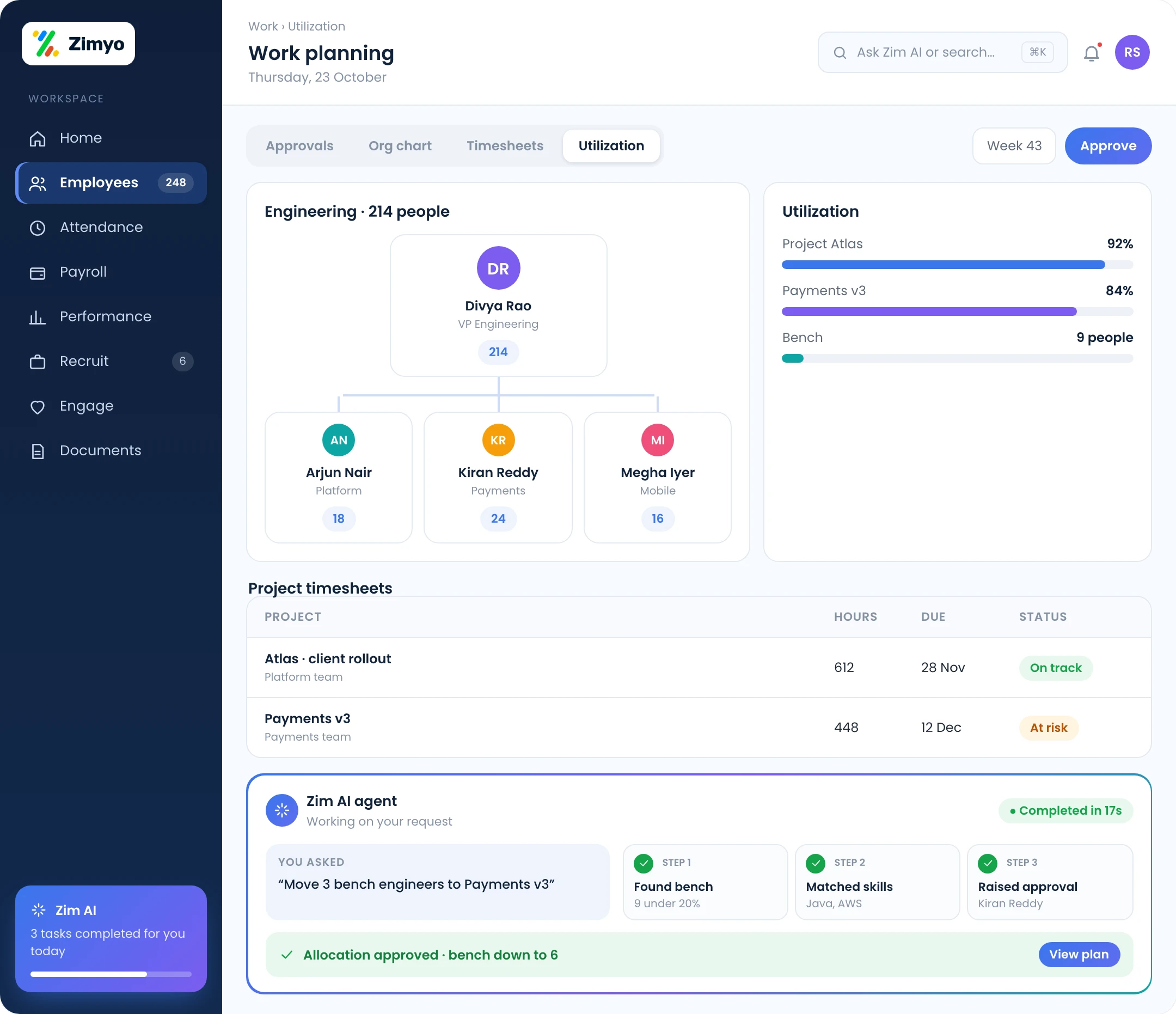 Org chart, project timesheets and workforce utilization with approval for a project allocation