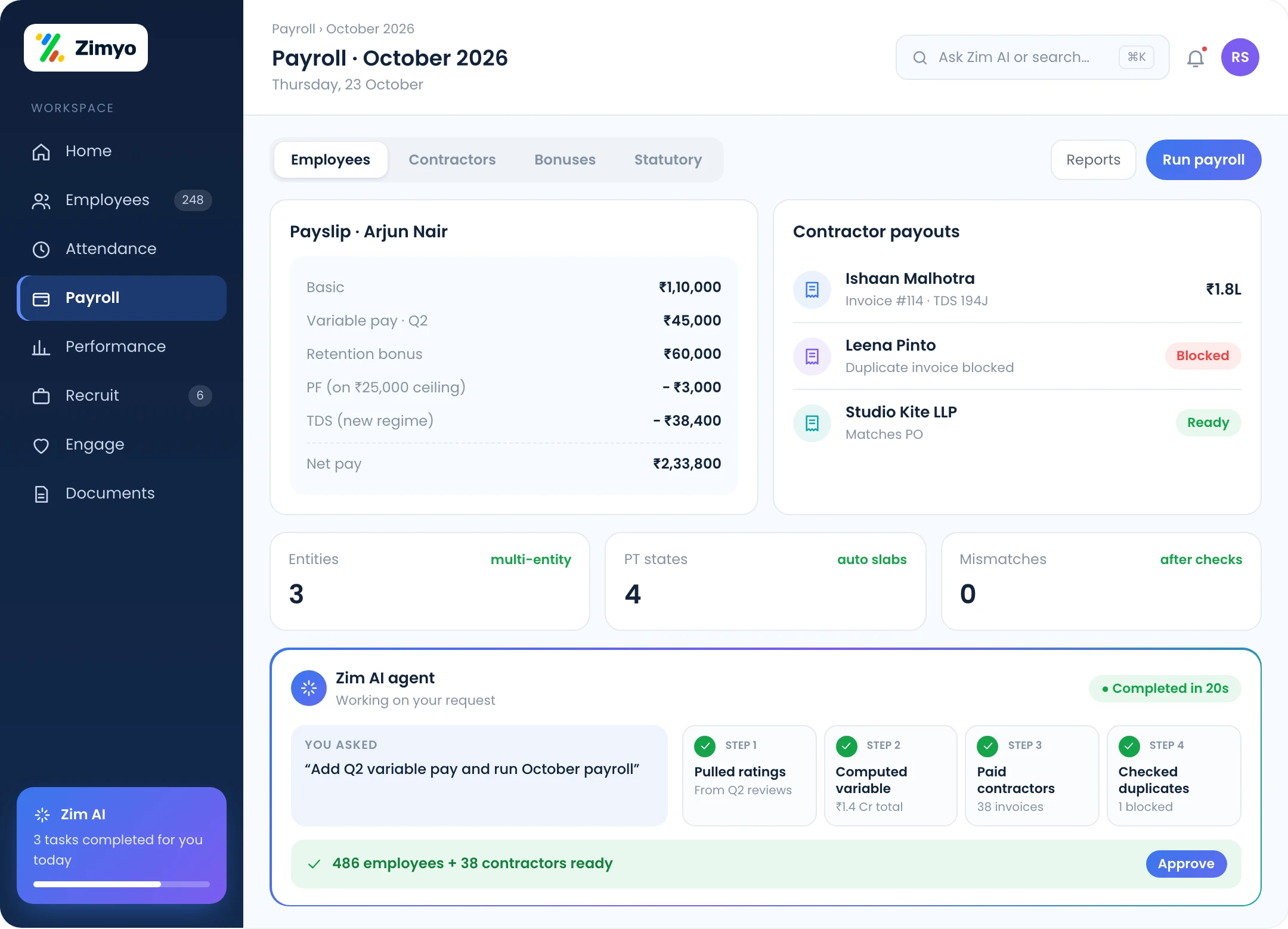 Tech payroll with variable pay, performance and retention bonuses, contractor payouts and statutory deductions