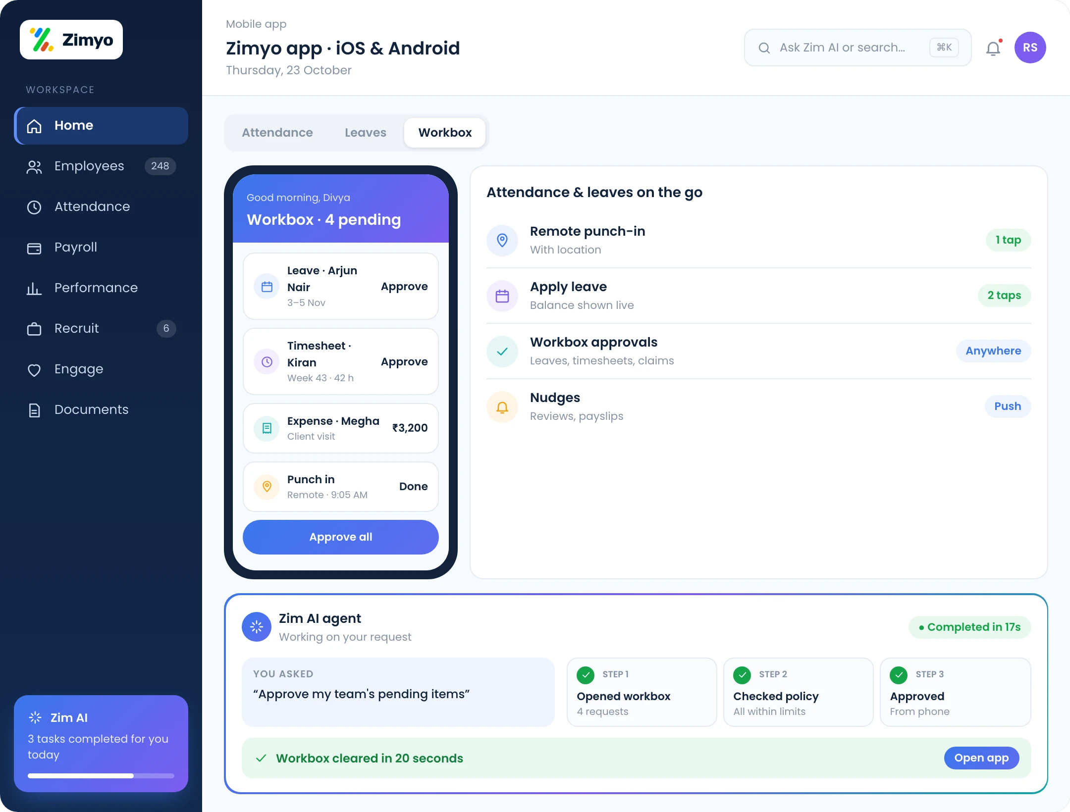 Zimyo mobile app on iOS and Android with attendance, leave and workbox approvals