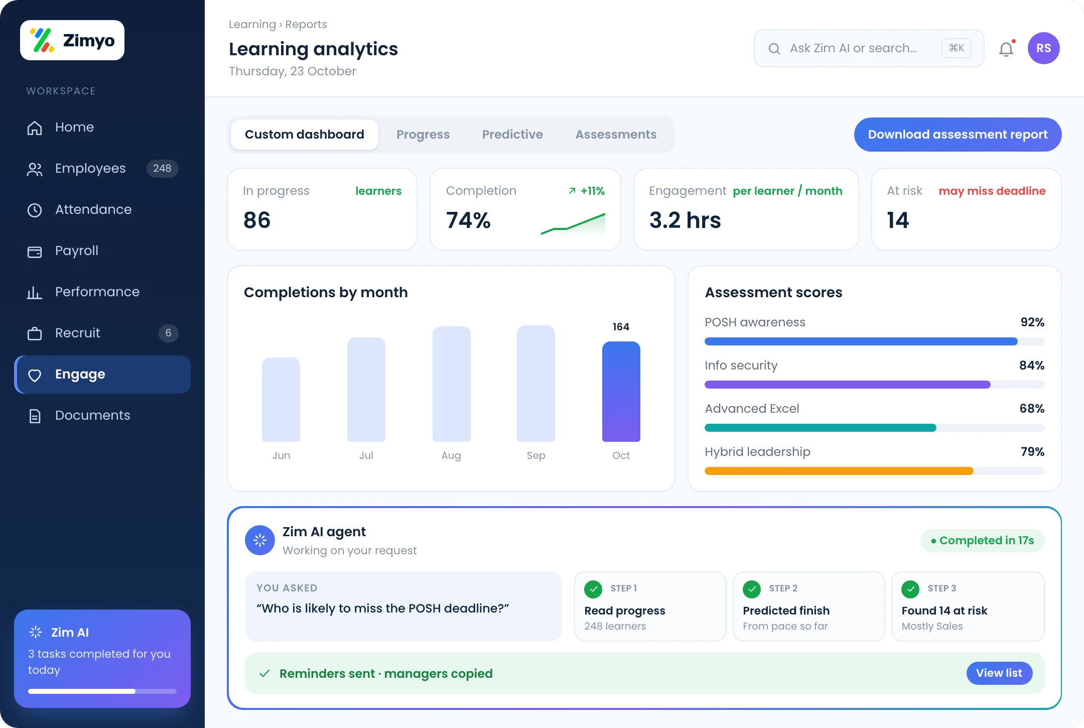 LMS dashboard with progress, completion and engagement, predictive analytics and assessment report downloads