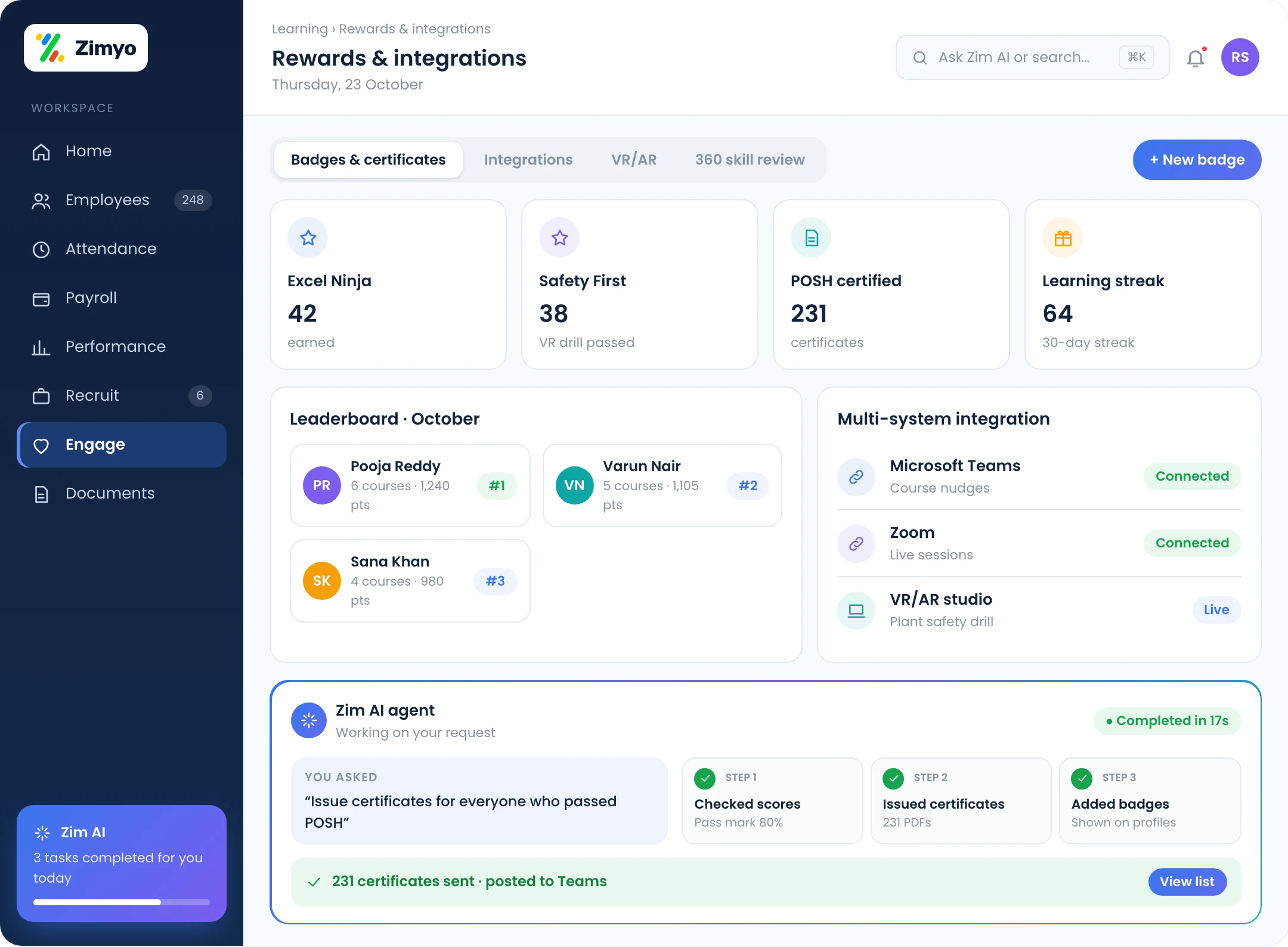 Learning integrations with enterprise tools, badges and certificates, VR/AR training and 360-degree skill review