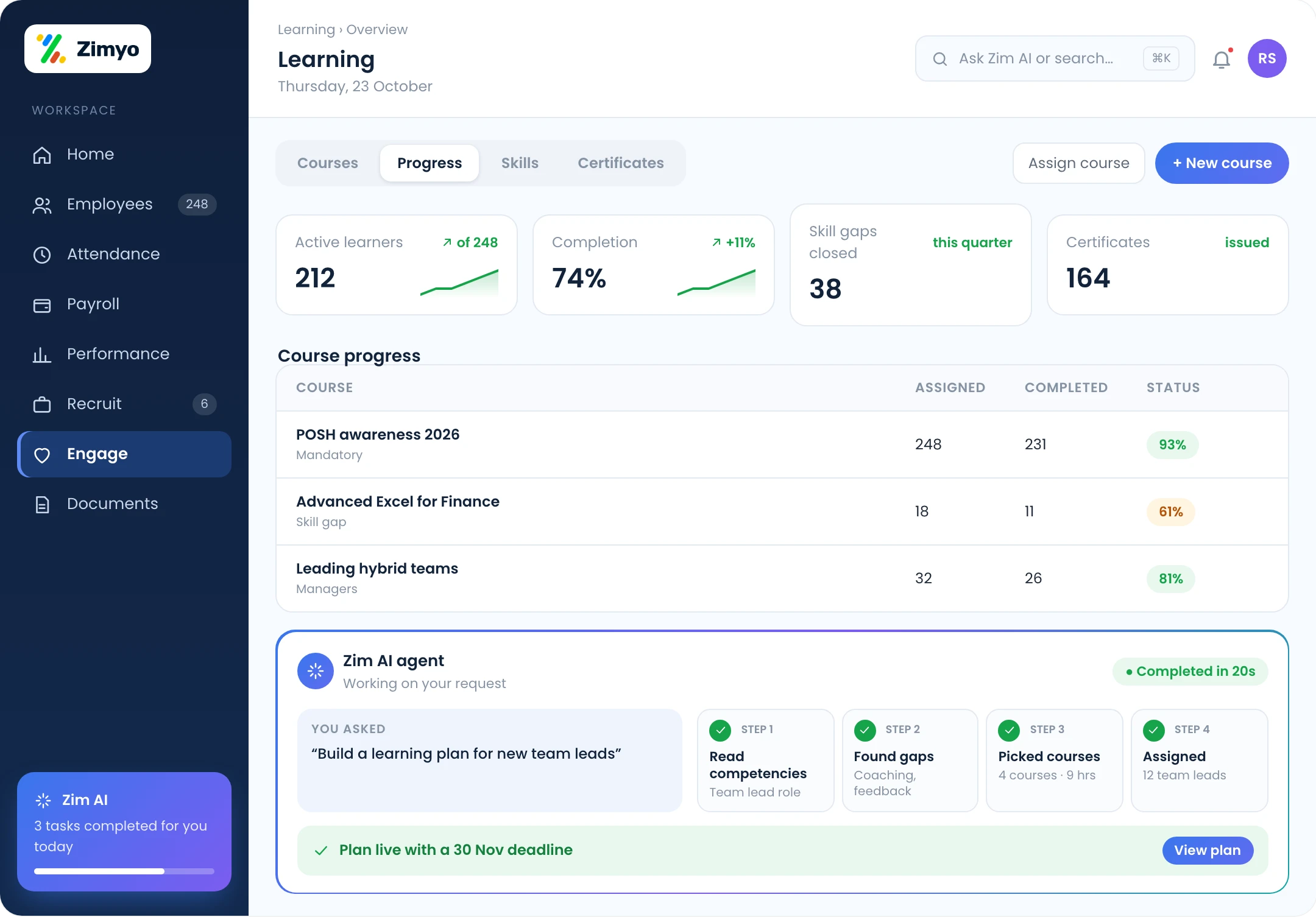 Zimyo LMS: learning progress dashboard, skill gap analysis and badges for course completion