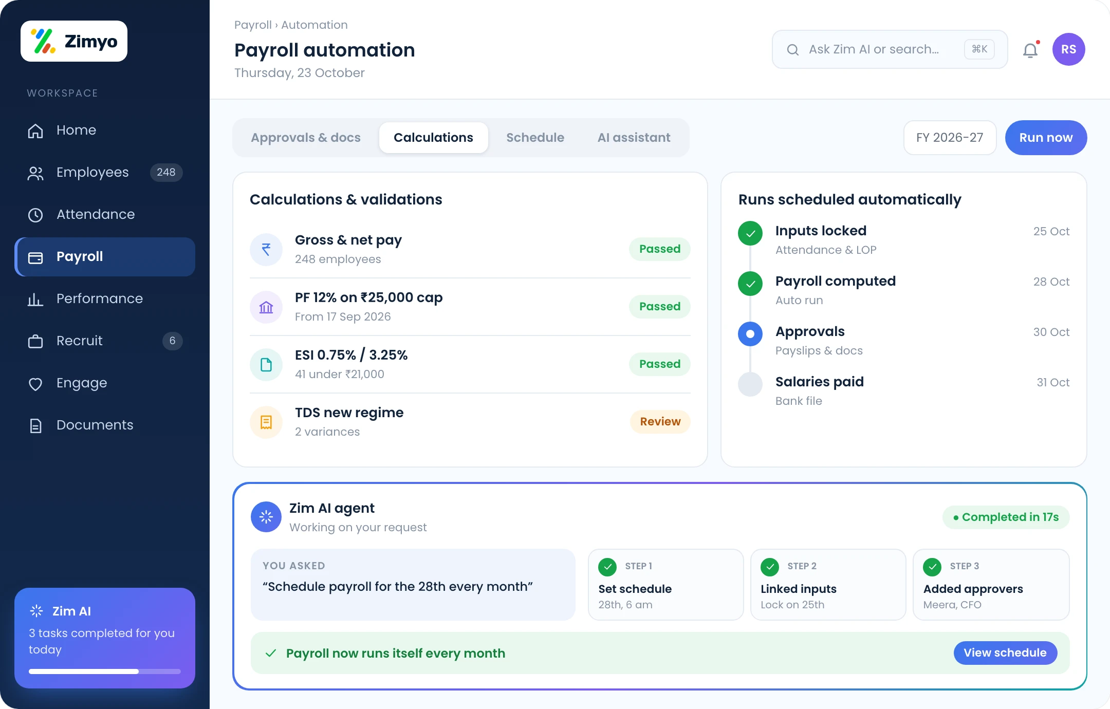 Payroll automation: approvals and documents, calculations and validations, scheduled runs and an AI assistant