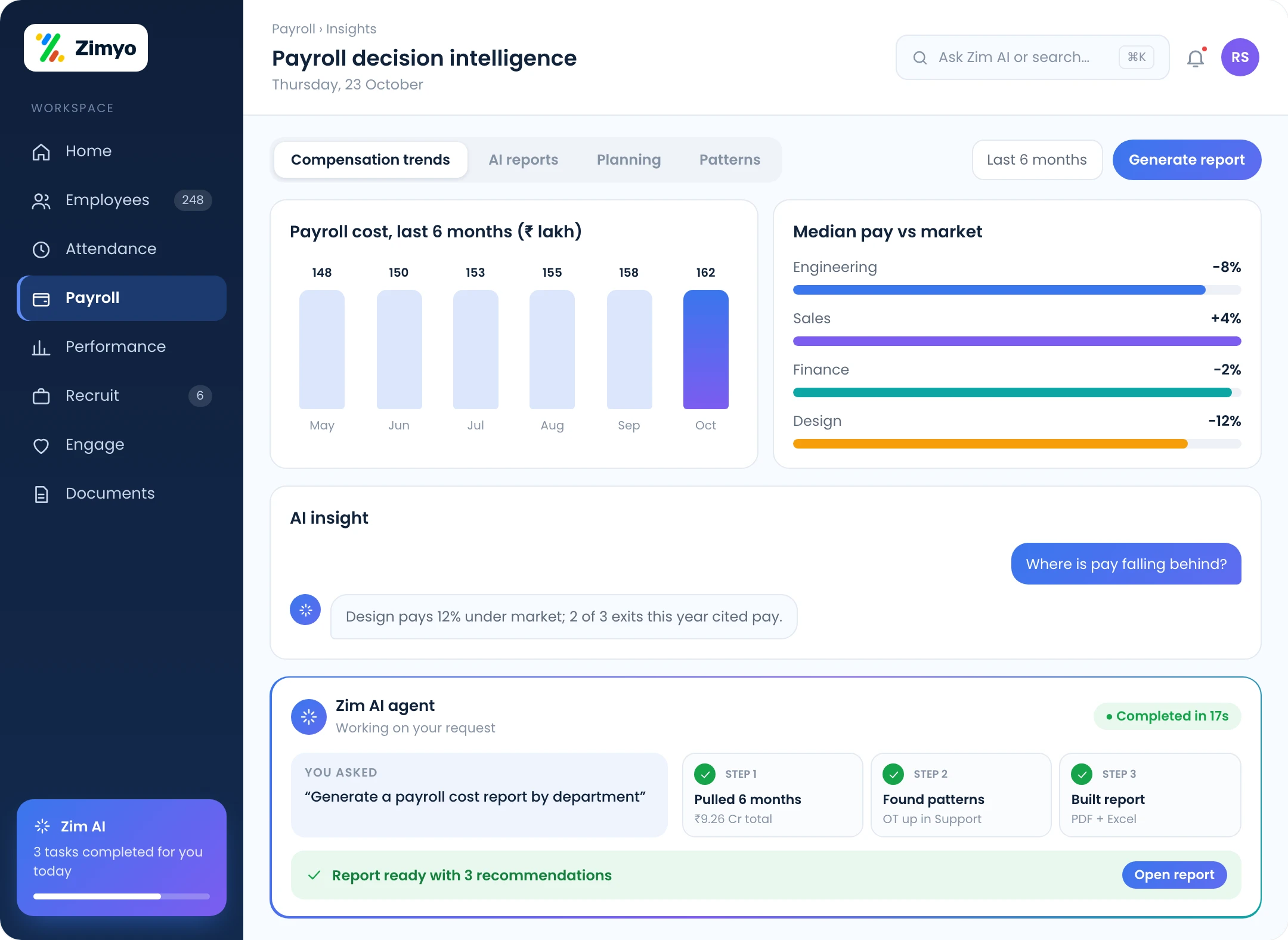 Payroll insights: compensation trends by department, AI-generated payroll report and compensation planning