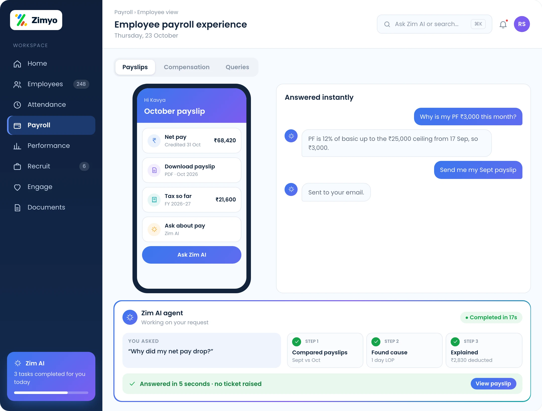 Employee app with payslip access and the AI answering a salary question instantly