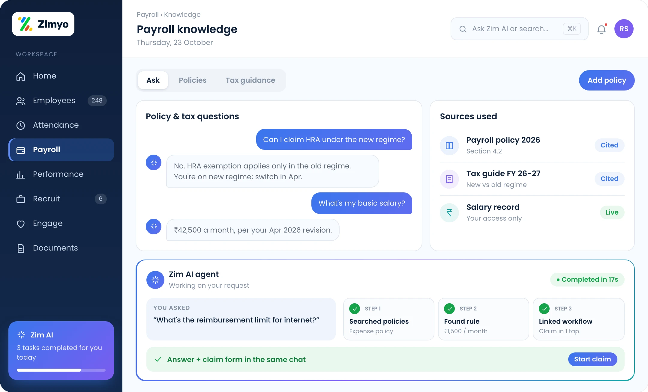 AI answering payroll policy and tax questions from company policy and the employee's salary data
