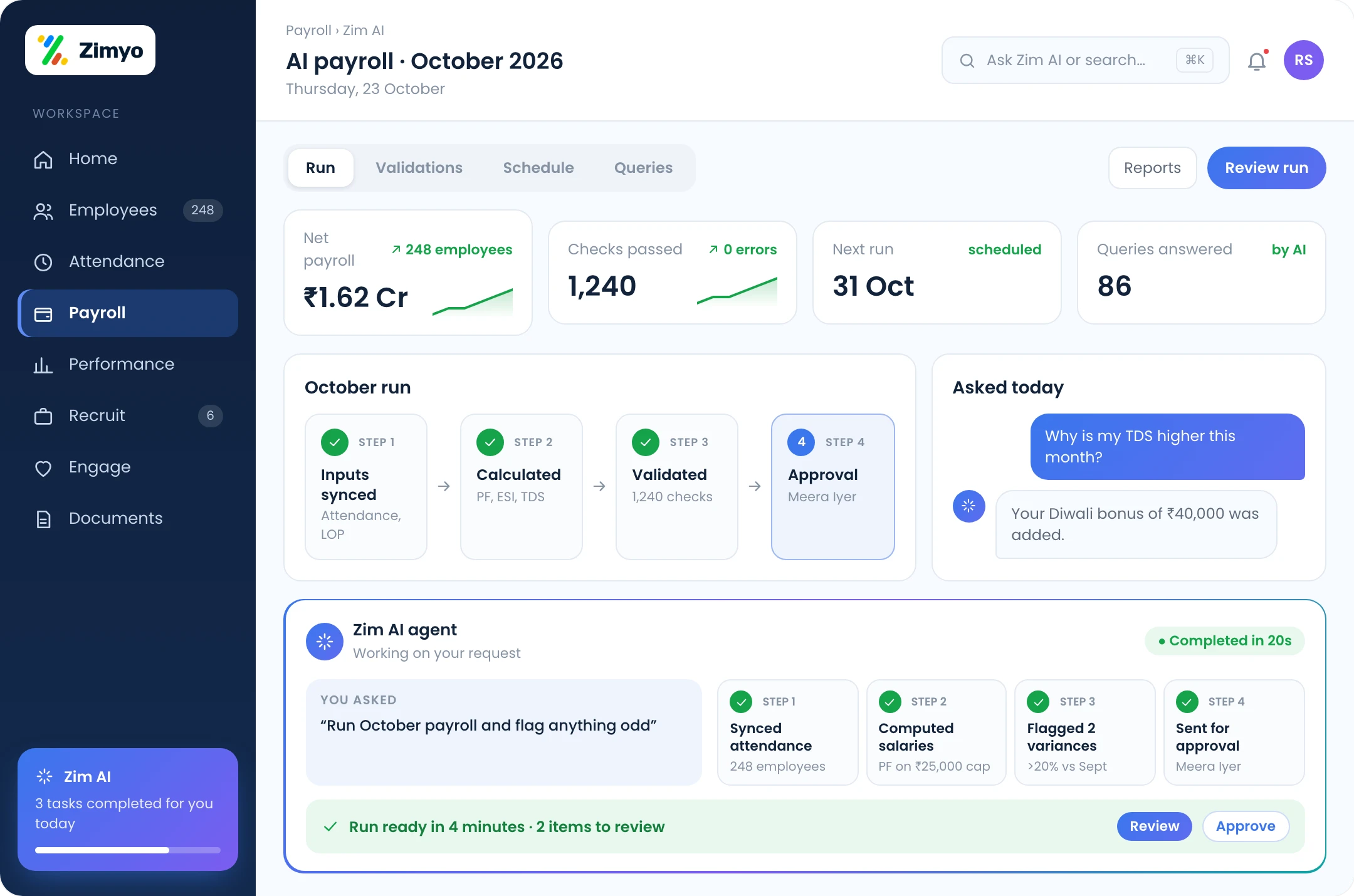 Zimyo AI payroll: October 2026 run with automated calculations, validations, schedule and payroll queries