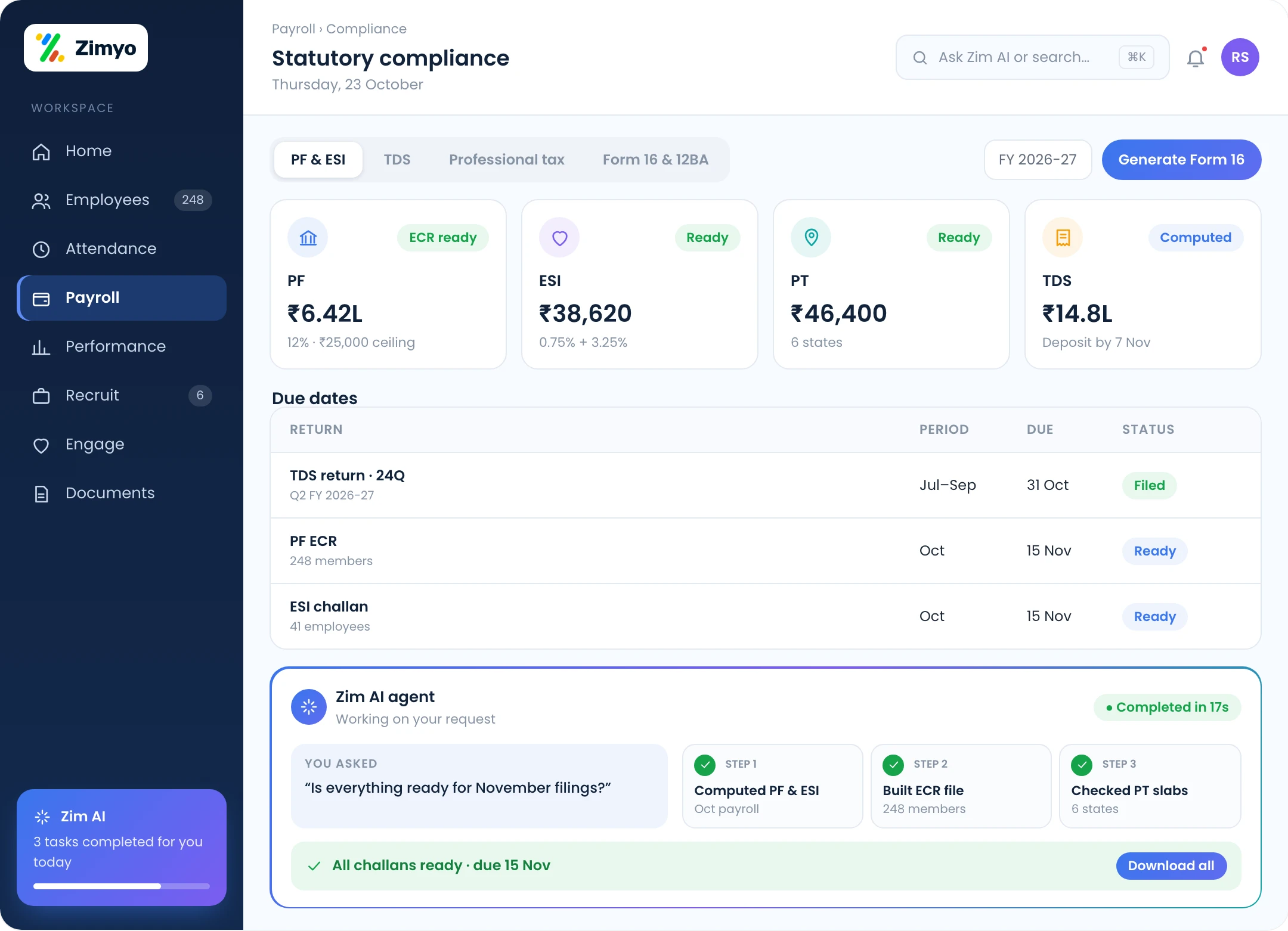 Statutory compliance screen with PF, ESI, PT and TDS computed and Form 16 and 12BA generation