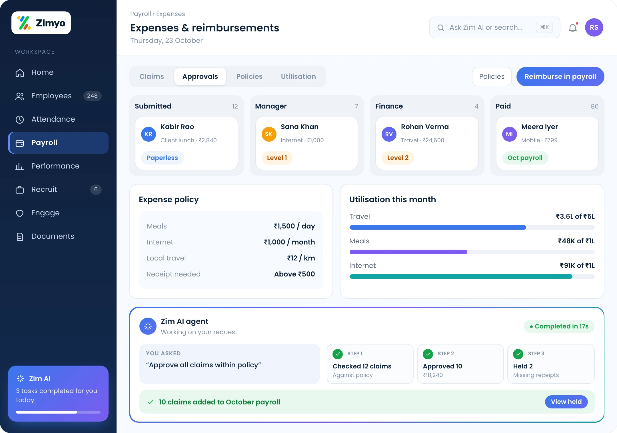 Expense claims with multi-level approval, expense policy limits and real-time utilisation