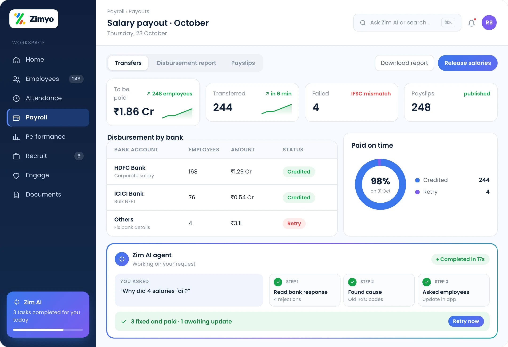 Salary payout screen with bank transfer status, disbursement report and payslip downloads