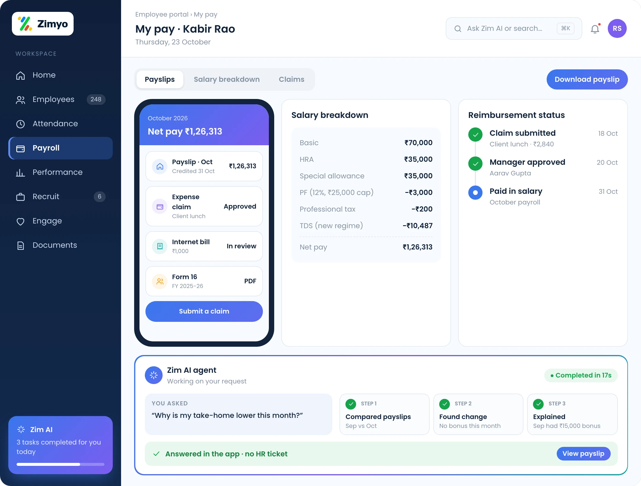 Employee self-service app with payslip, salary breakdown, expense claim and reimbursement status
