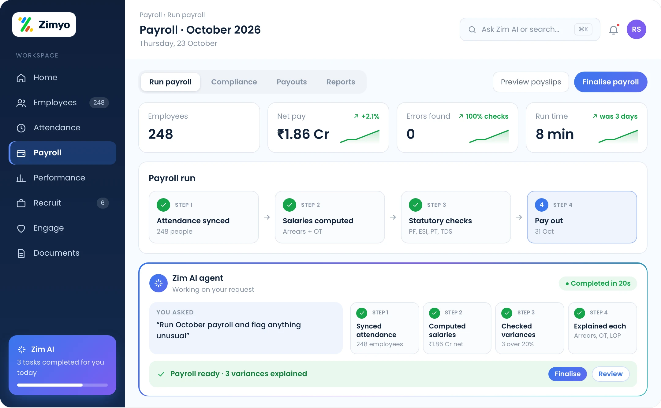 Zimyo payroll: October 2026 payroll run for 248 employees with compliance and payouts