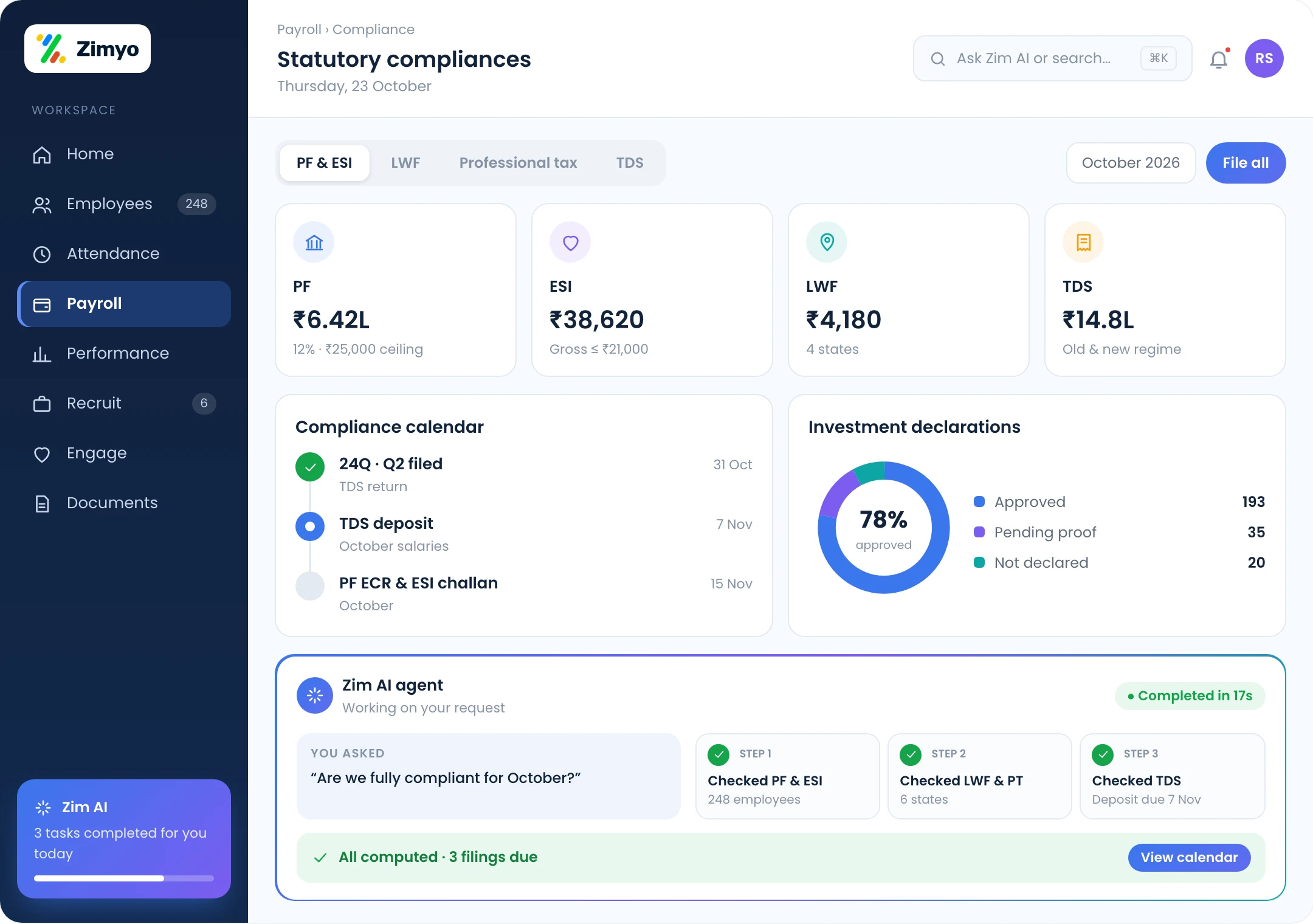 Zimyo statutory compliance: PF, ESI, LWF, PT and TDS computed automatically with investment declarations