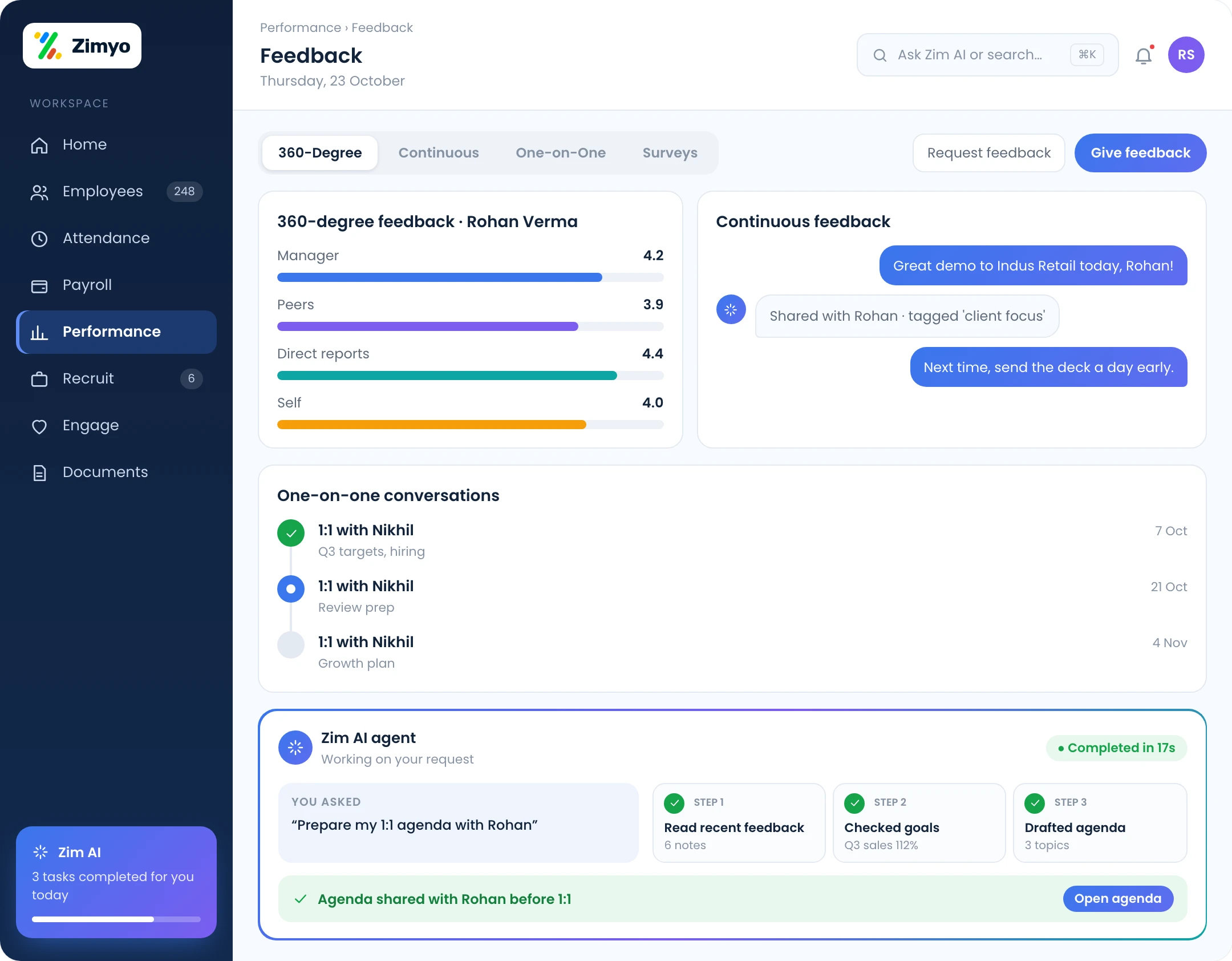 Feedback hub with 360-degree feedback, continuous feedback, one-on-one notes and survey insights