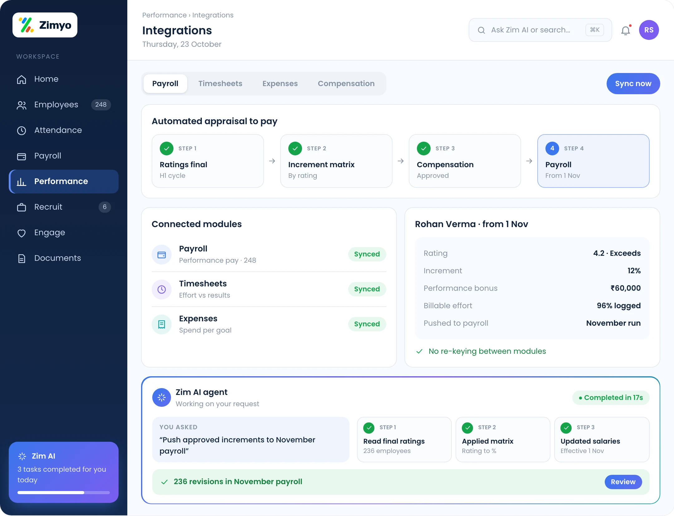 Performance integrations with payroll, timesheets and expenses automating performance-based pay