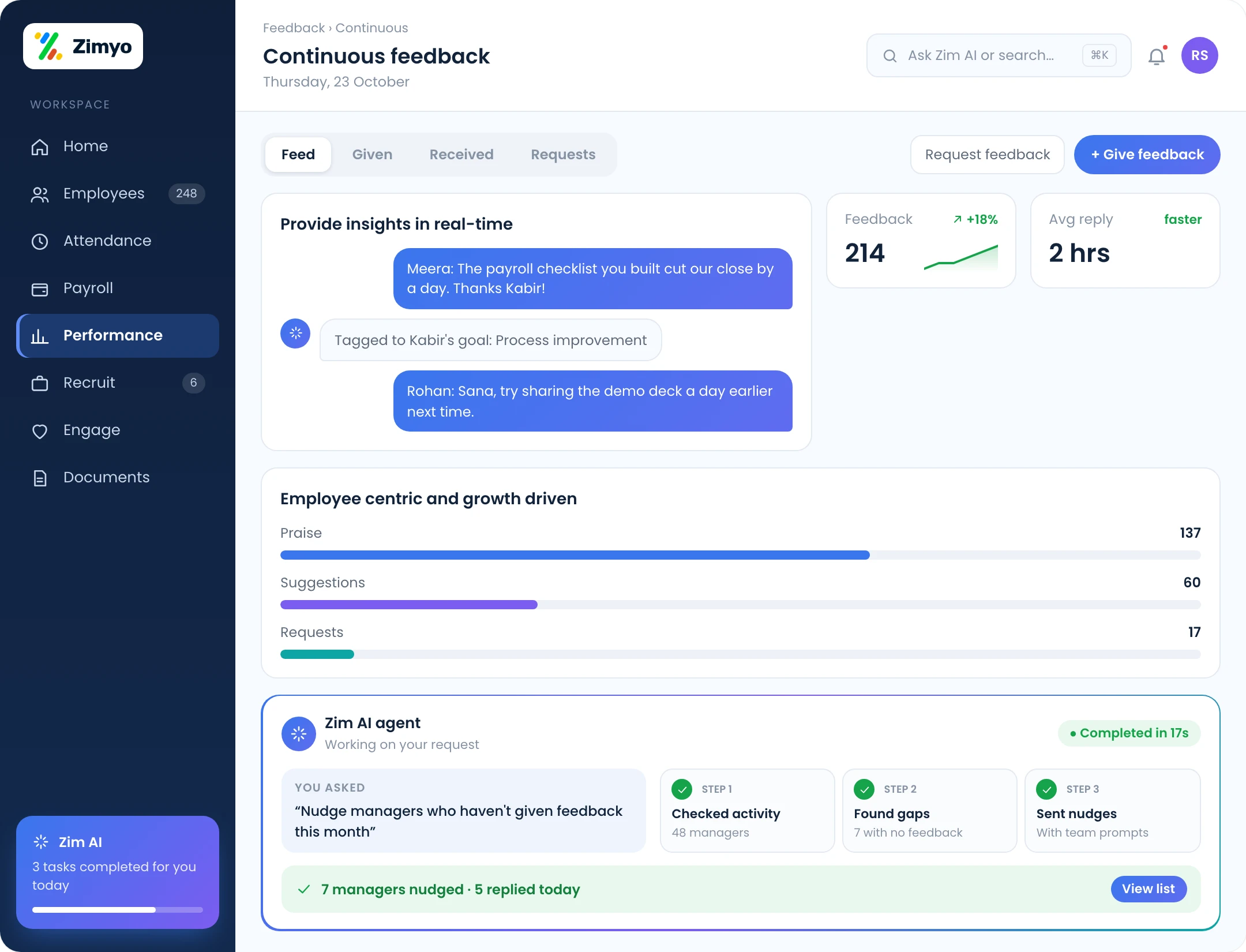 Continuous feedback feed with real-time kudos and suggestions between colleagues