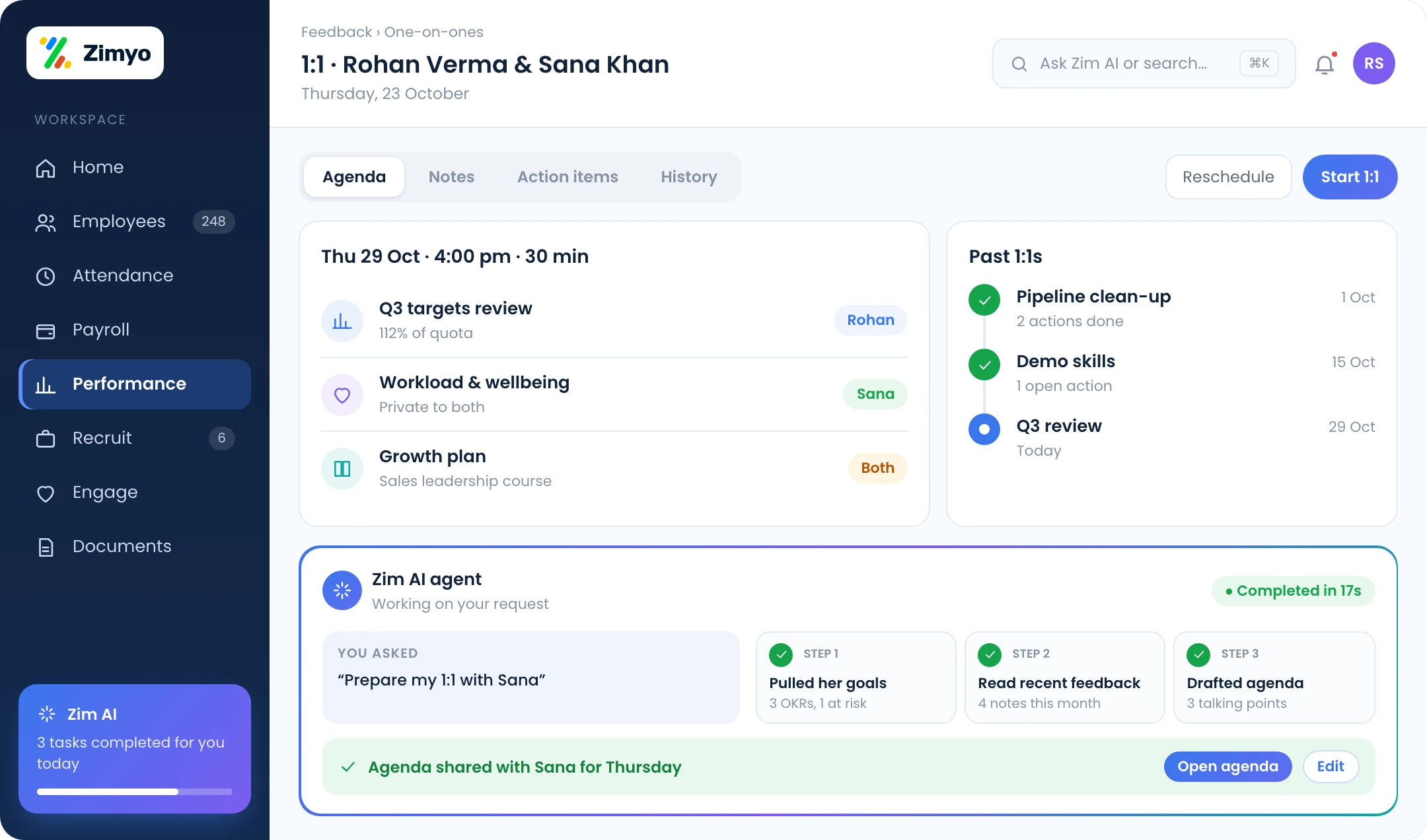 One-on-one meeting screen with agenda, talking points, action items and history between manager and employee