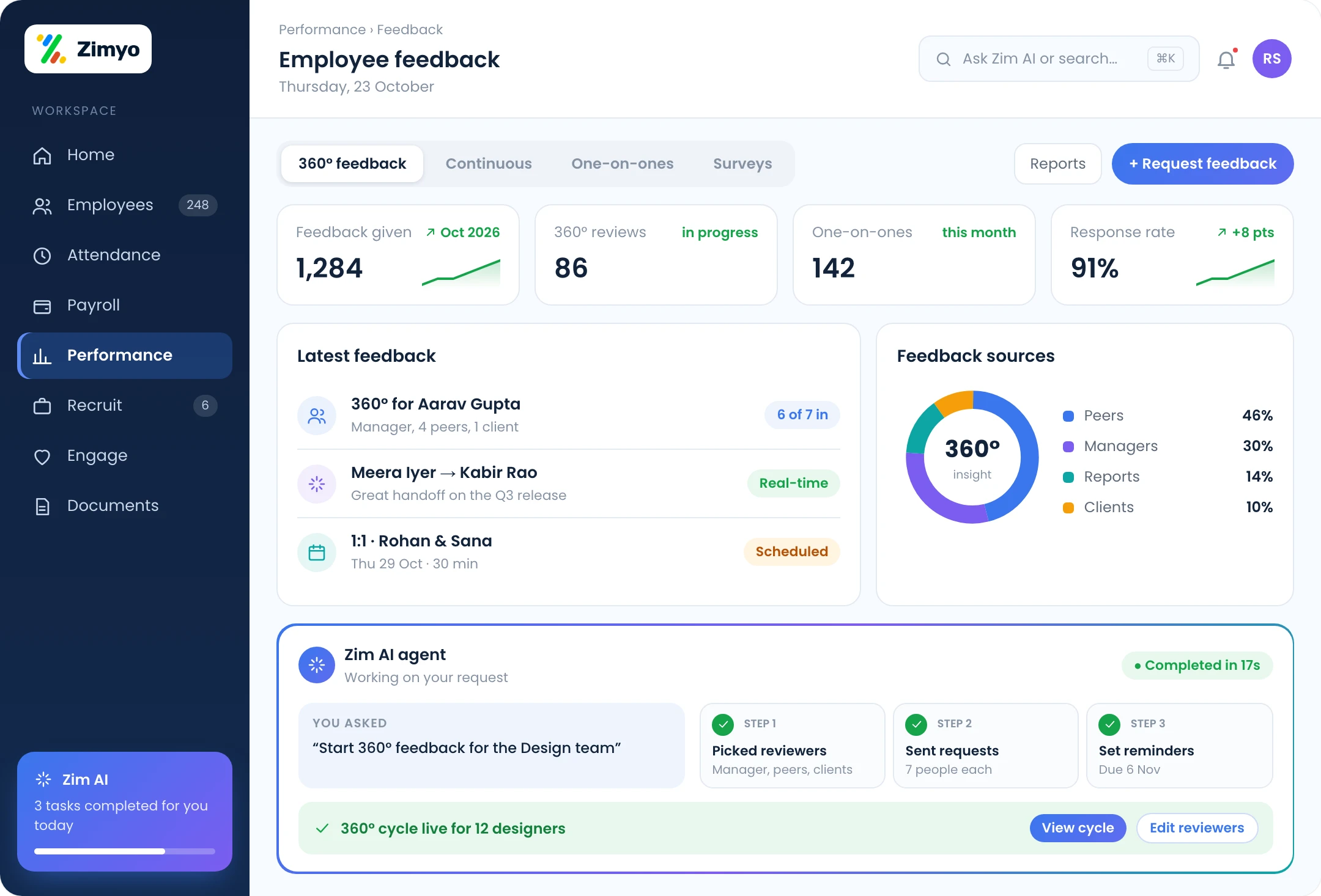 Zimyo employee feedback: 360-degree reviews, continuous feedback, one-on-ones and feedback surveys in one place