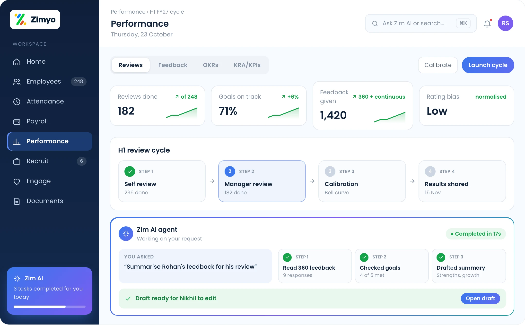 Zimyo performance management: review cycle, 360 feedback and goals aligned with business growth