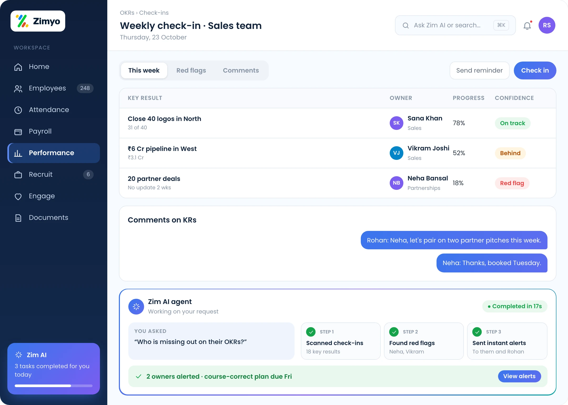 OKR check-in screen showing key-result progress, red flags and manager comments