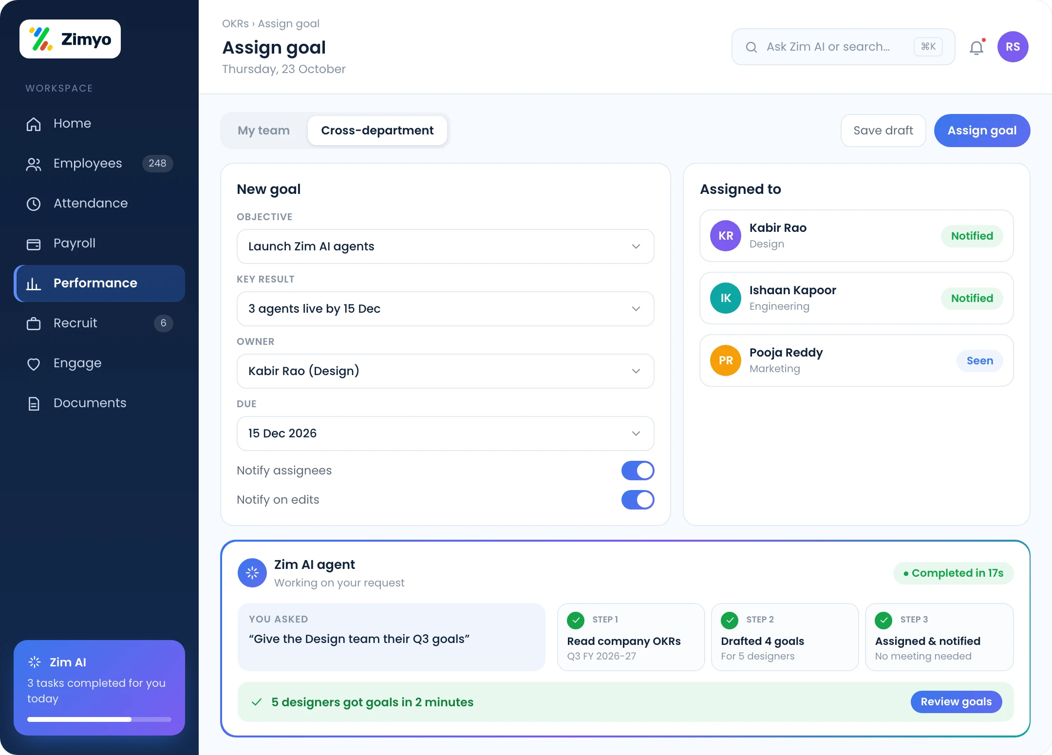 Manager assigning a new OKR to team members across departments with notifications sent