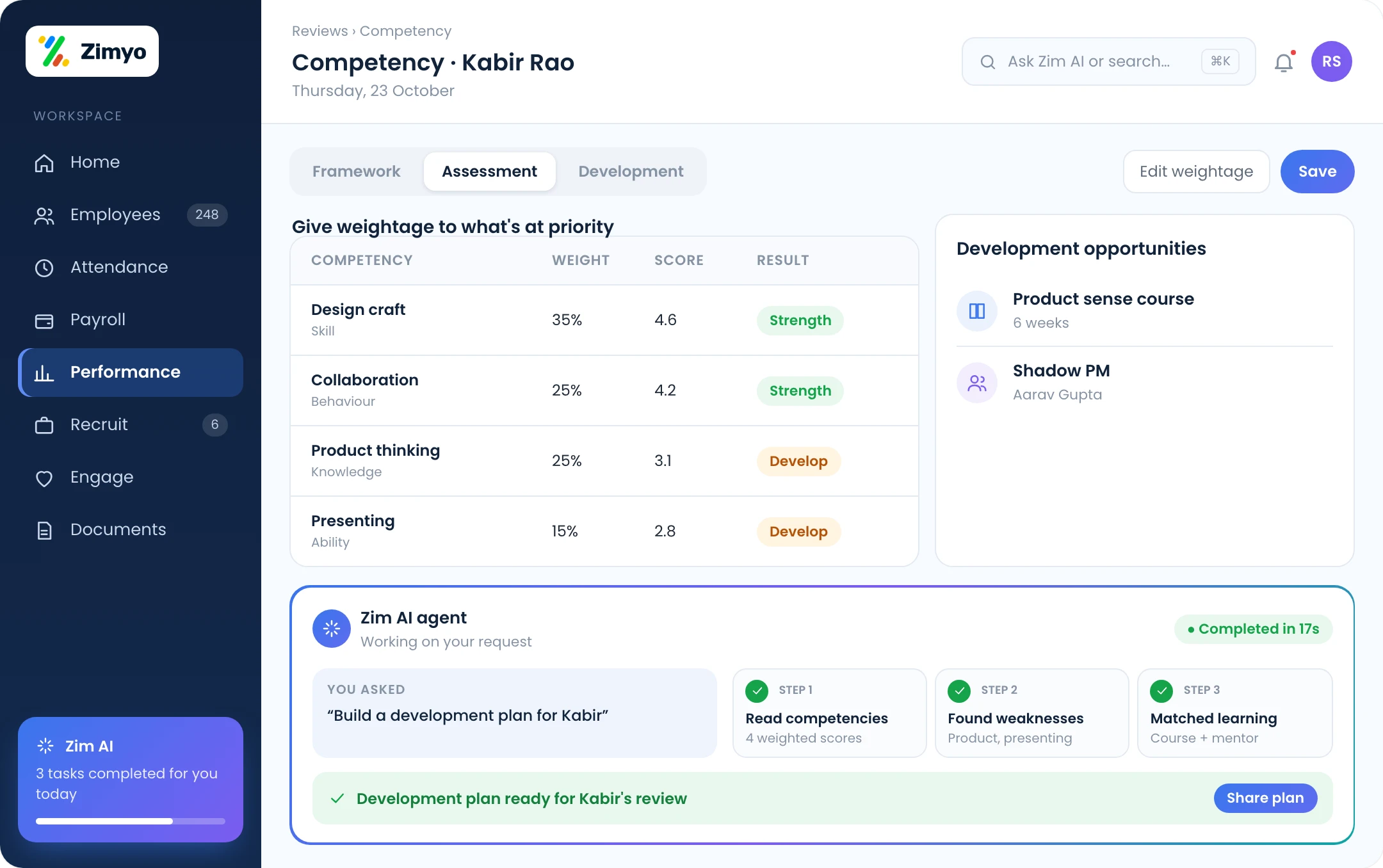 Competency framework with weighted skills and an employee's strengths and development areas