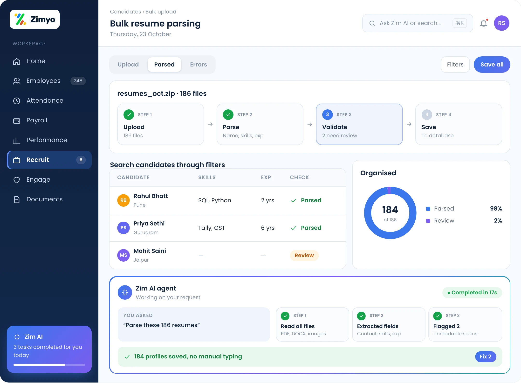 Bulk resume parsing screen extracting fields from many resumes with filters and error checks