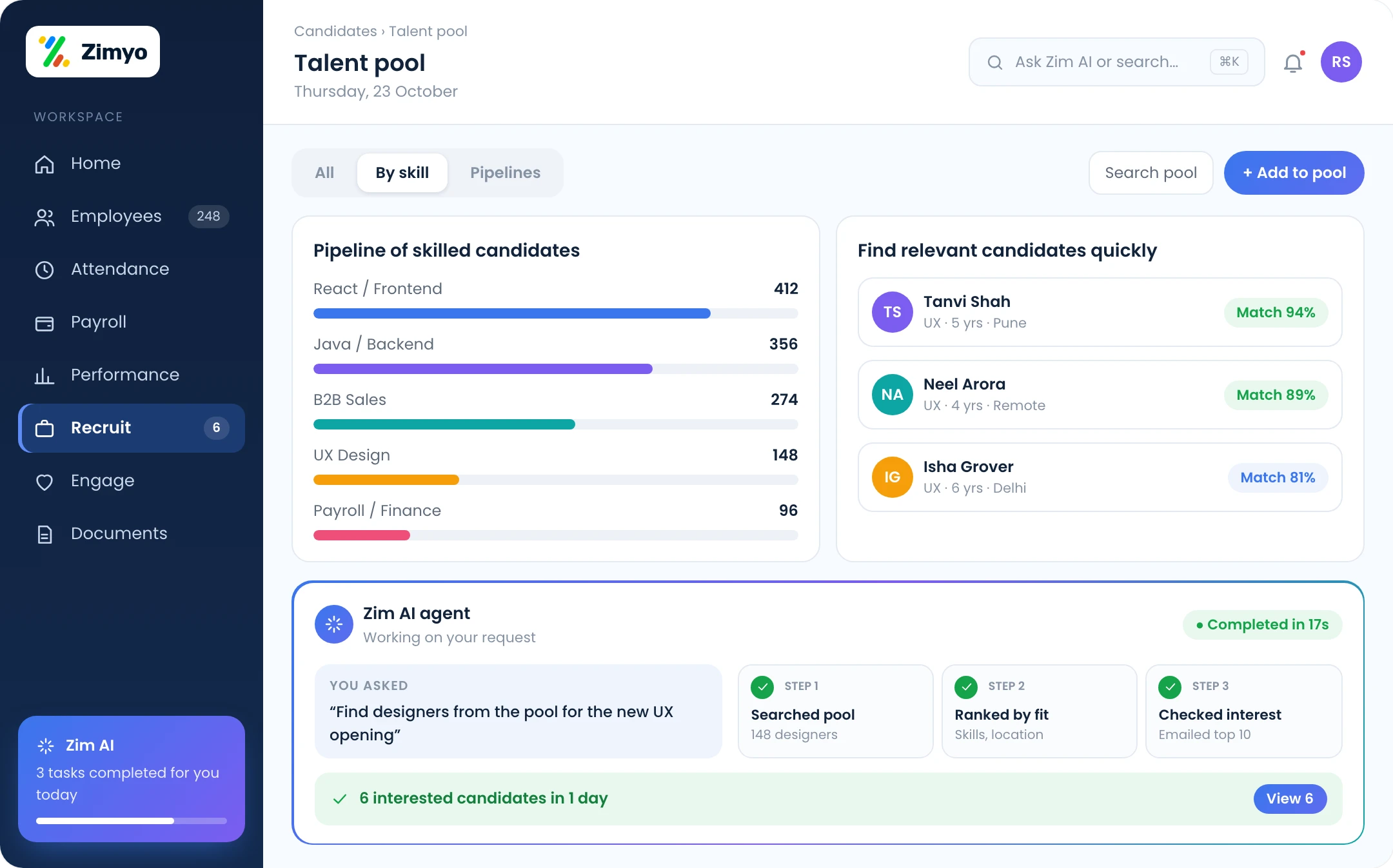 Talent pool of skilled candidates grouped by skill with quick search for future openings