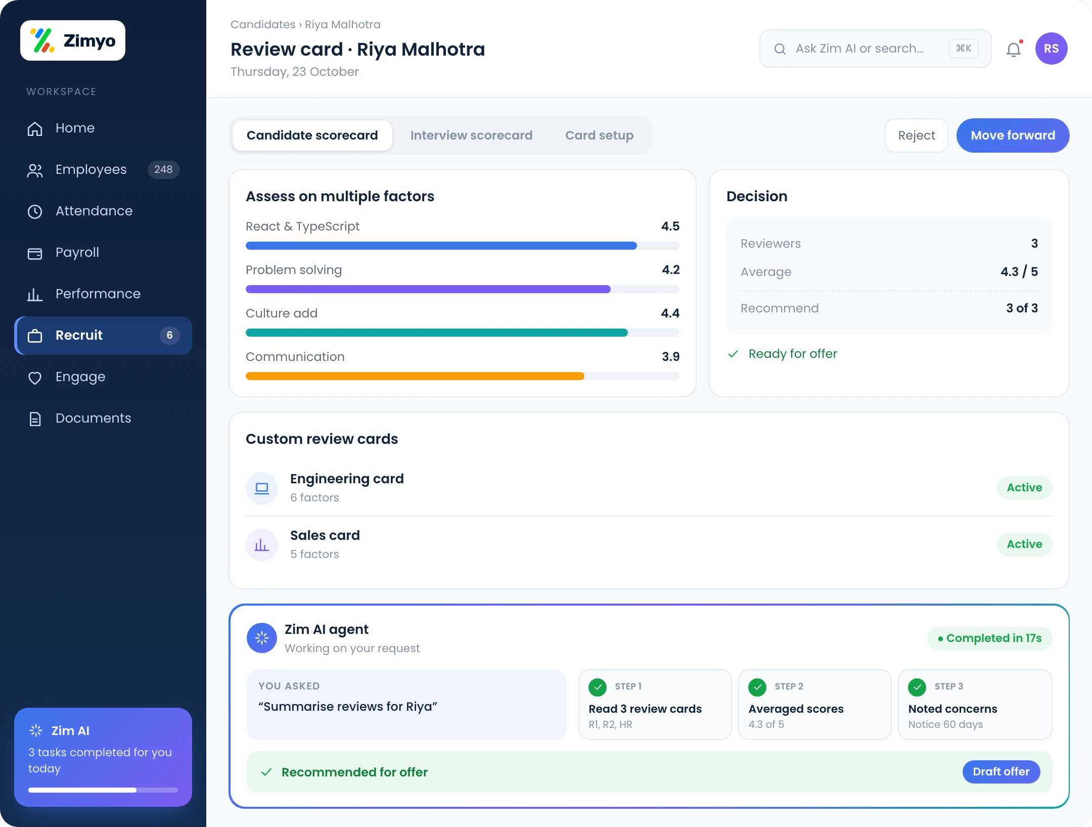 Candidate review card with custom factors scored for the candidate and the interview