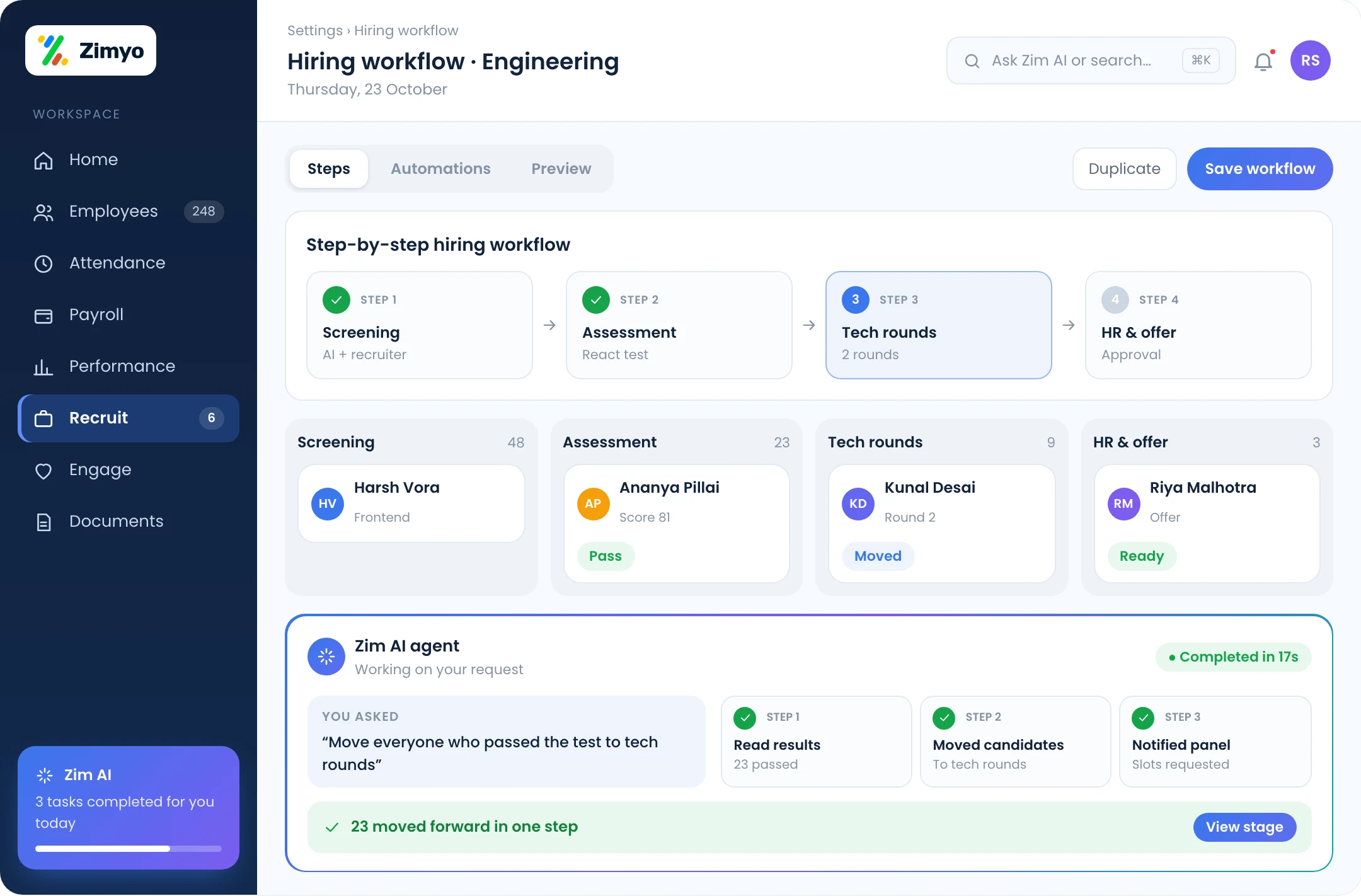 Hiring workflow builder with configured steps and candidates being moved between stages