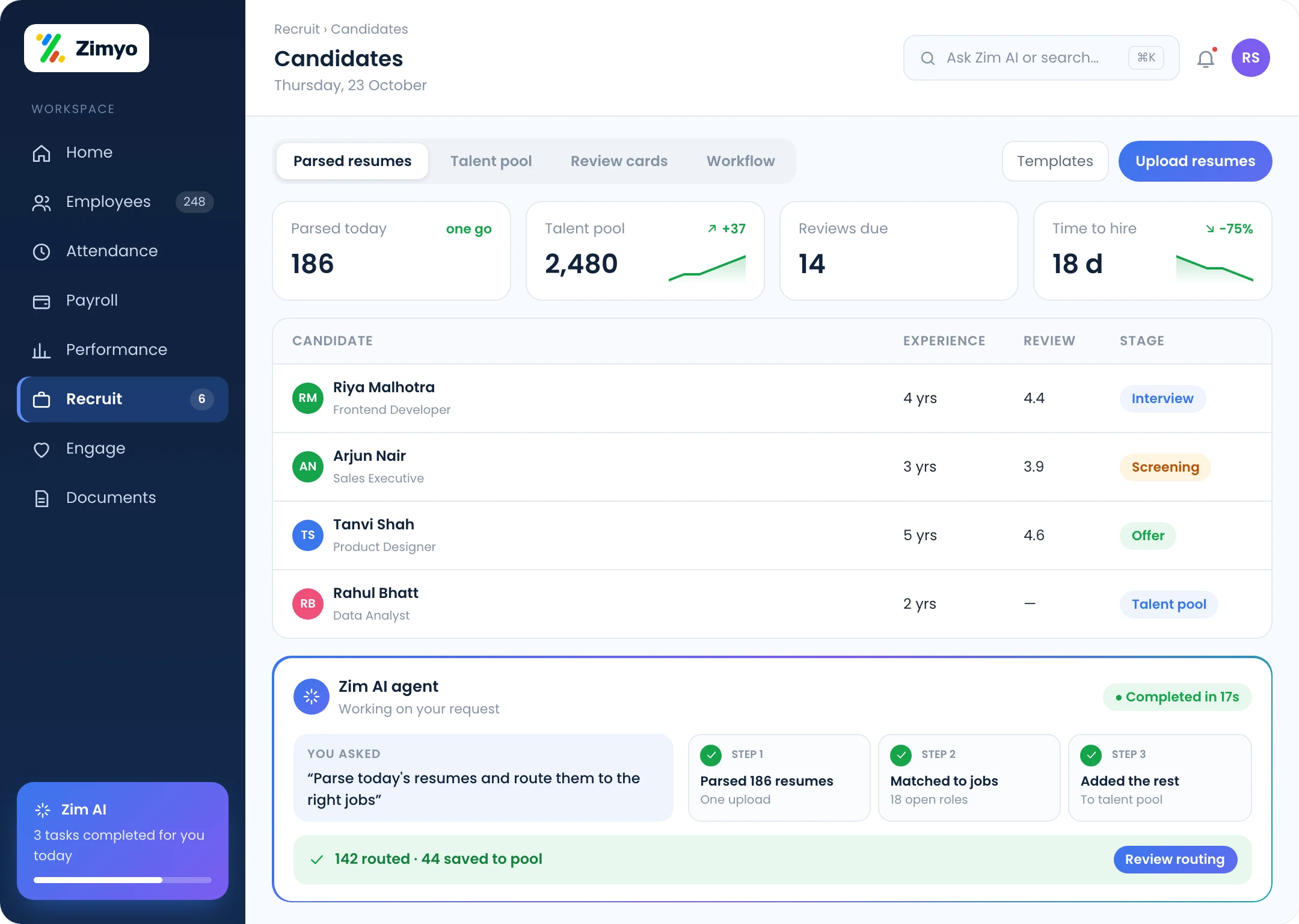 Zimyo candidate management: bulk-parsed resumes, talent pool, review cards and hiring workflow