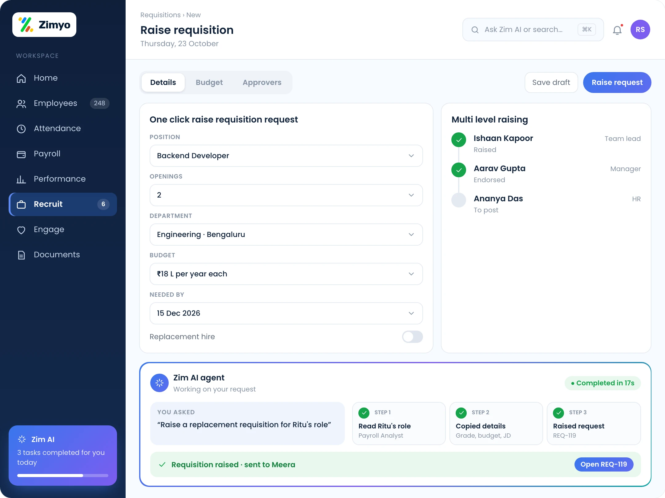 Raise requisition form with paperless one-click submission and multi-level raising