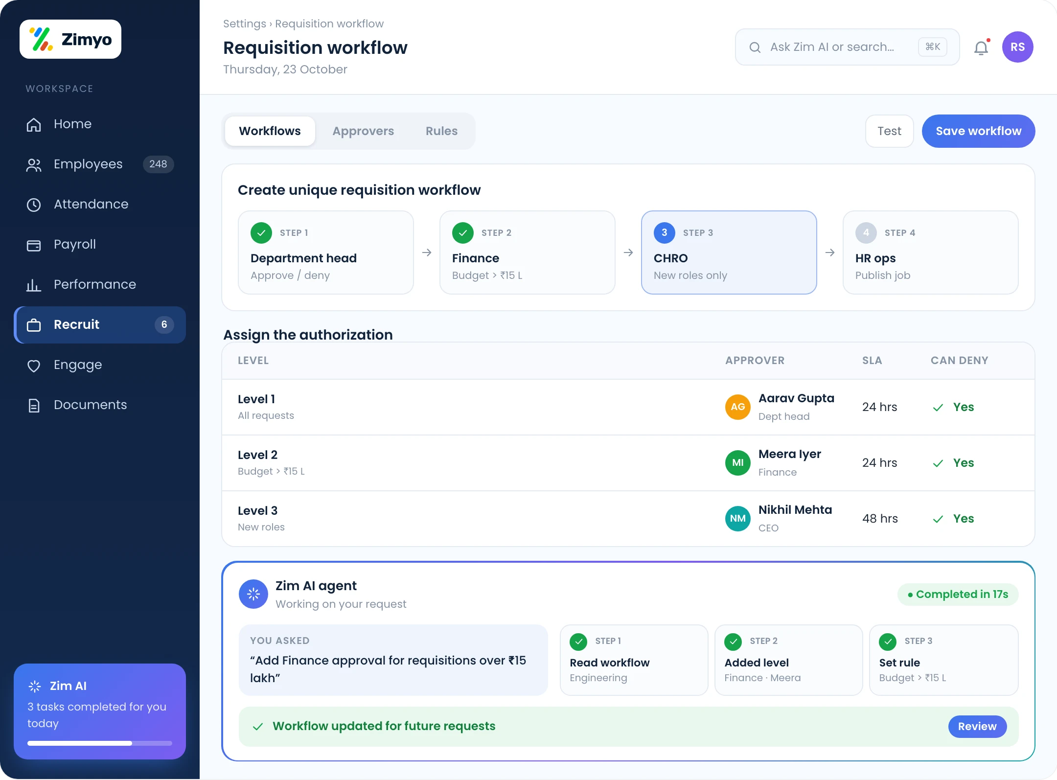 Requisition workflow builder with approval levels and authorised approvers