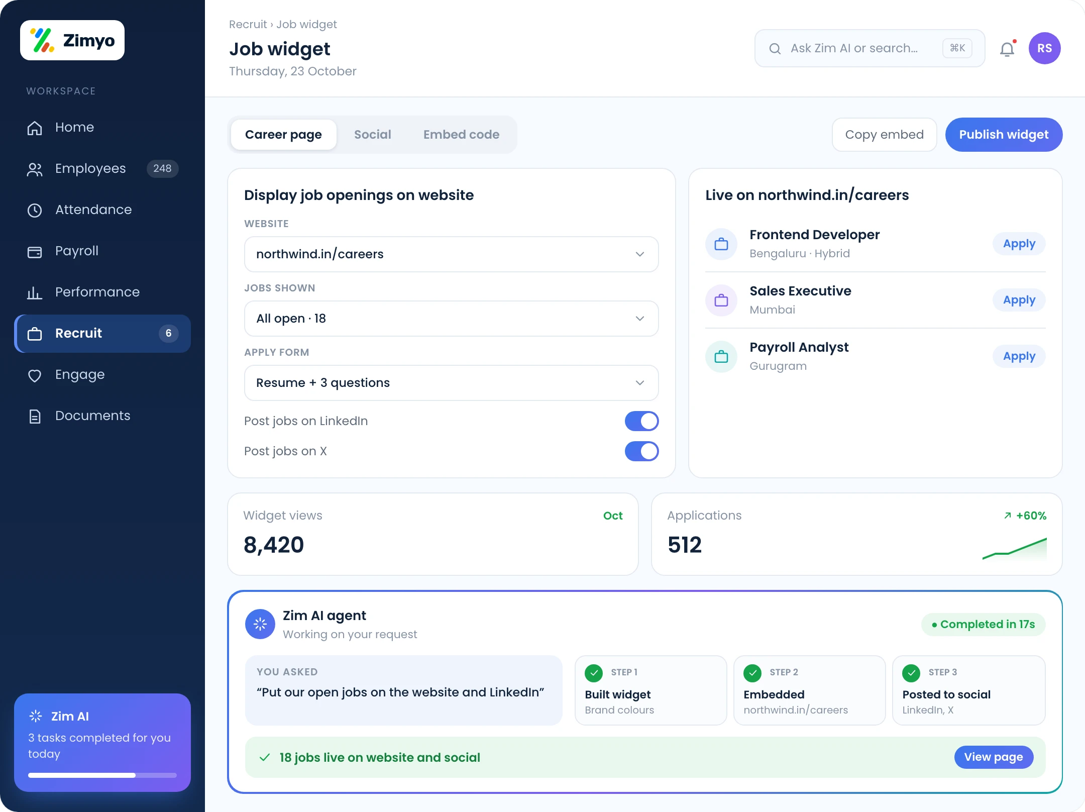 Job widget setup for the website career page and social posting with applicant reach