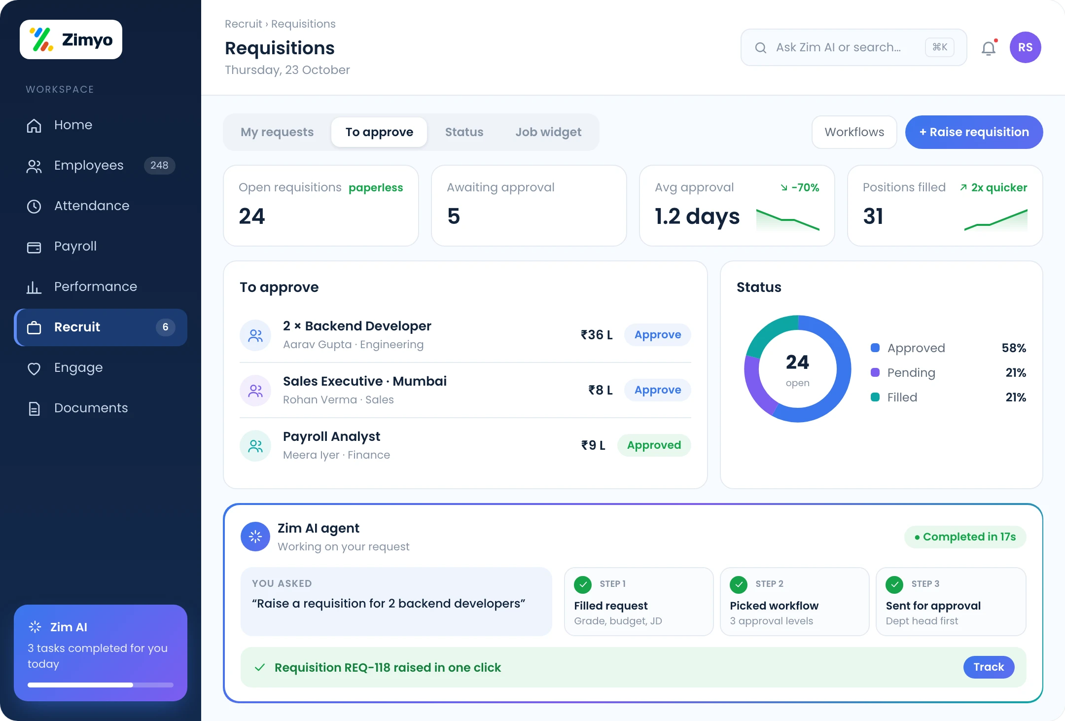 Zimyo requisition management: paperless hiring requests, approval workflow and requisition status