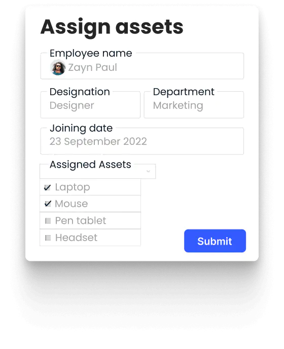 Assign assets|Zimyo HRMS